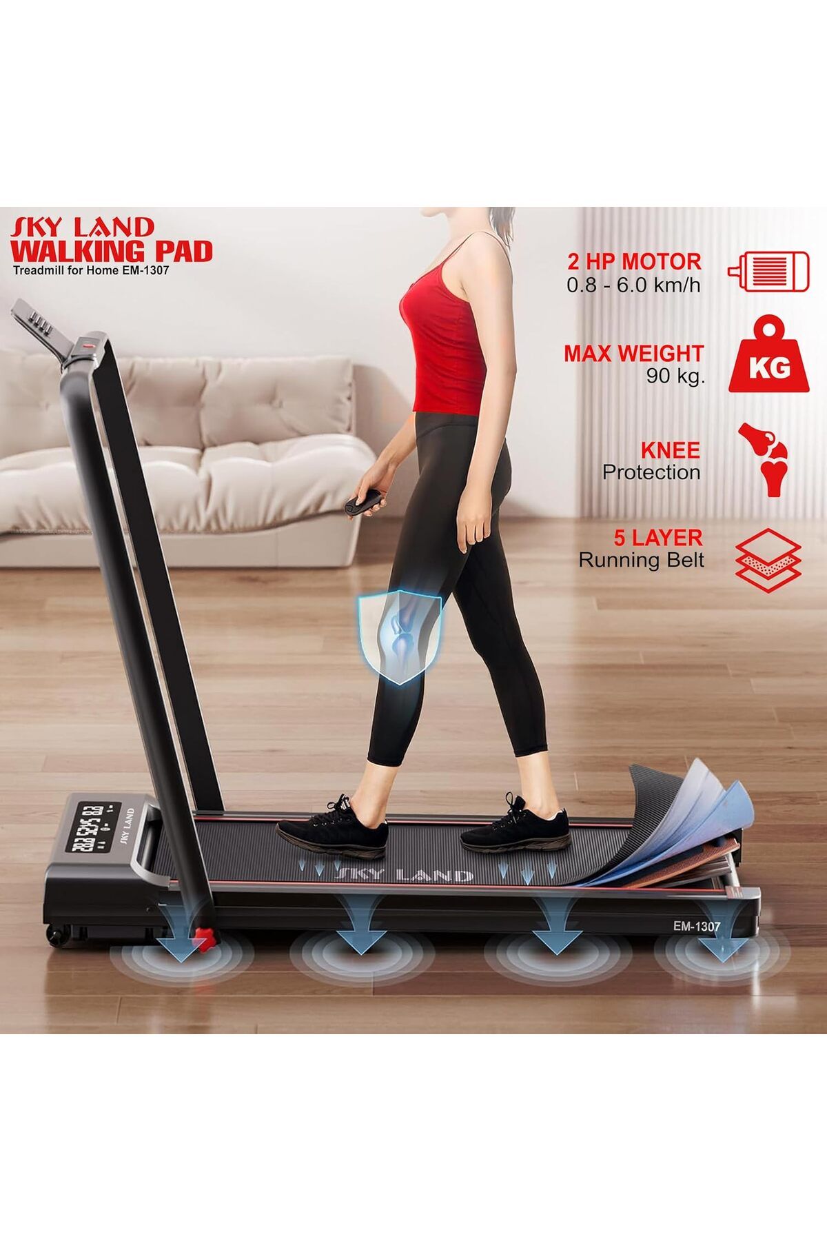 Skyland-Compact Walking Pad | Home/Office Use Foldable, Bluetooth, LCD, Remote, Two Speeds Methods – EM-1307 3