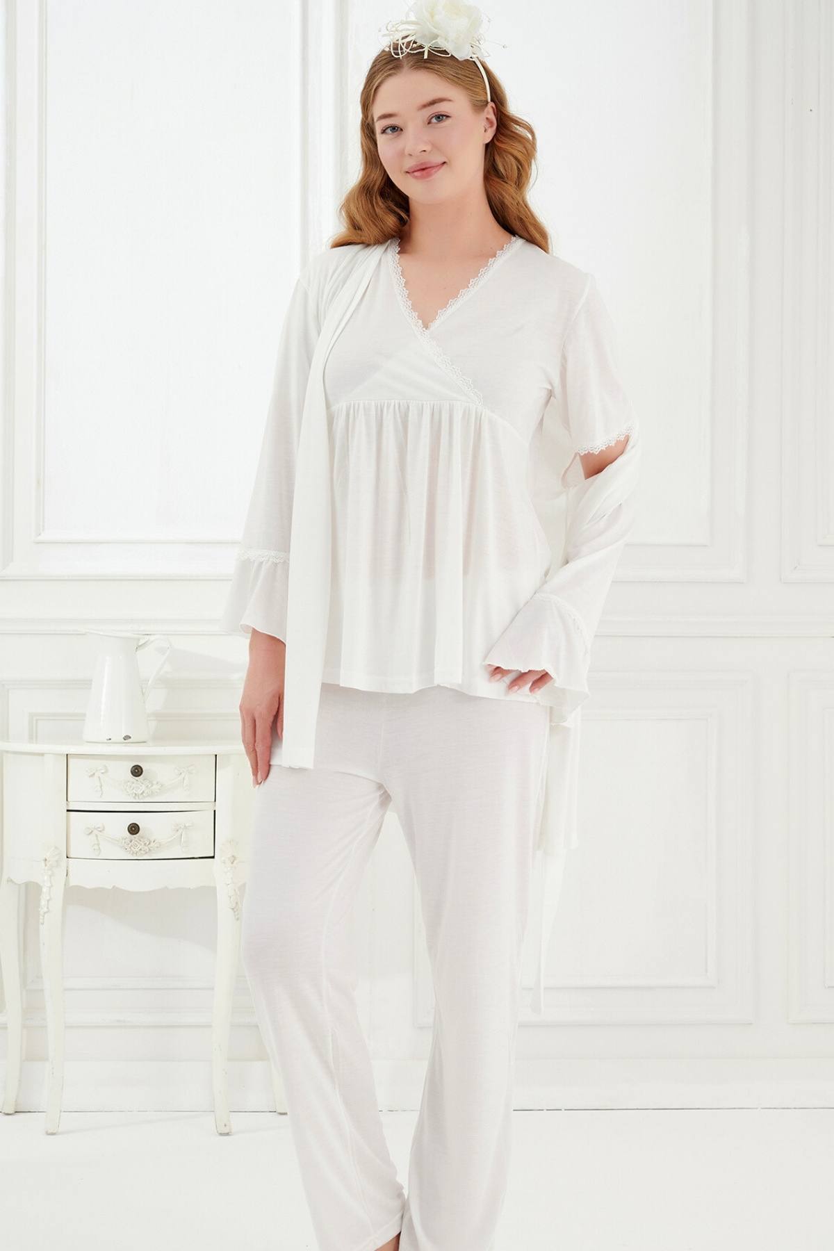 Emose Dantelli Sabahlıklı 3'Lü Lohusa Hamile Pijama Takımı