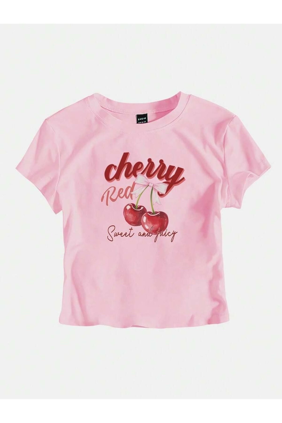 PALPİTO  Kadın Pembe Sweet Cherry Baskılı Bisiklet Yaka Dar Crop Tshirt - Görsel 2