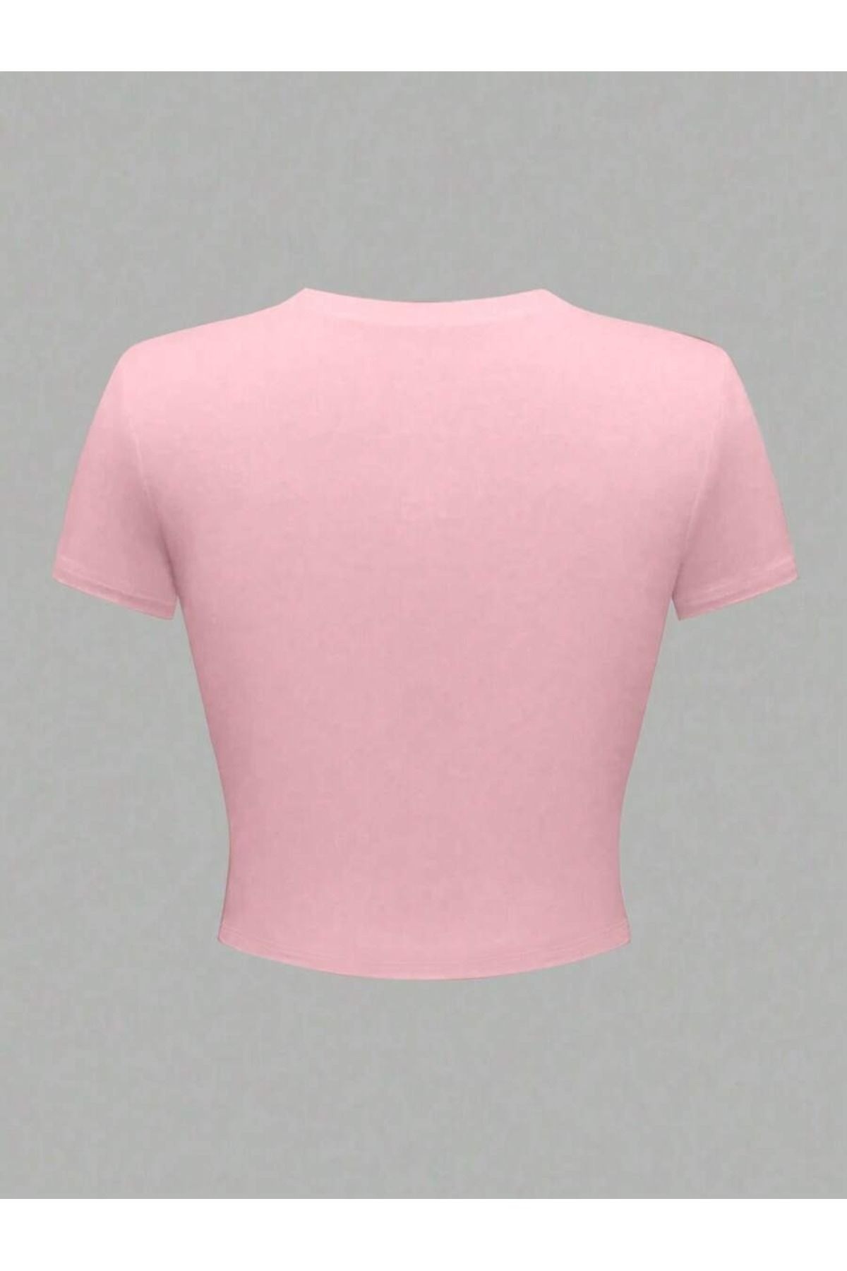 PALPİTO  Kadın Pembe Sweet Cherry Baskılı Bisiklet Yaka Dar Crop Tshirt - Görsel 3