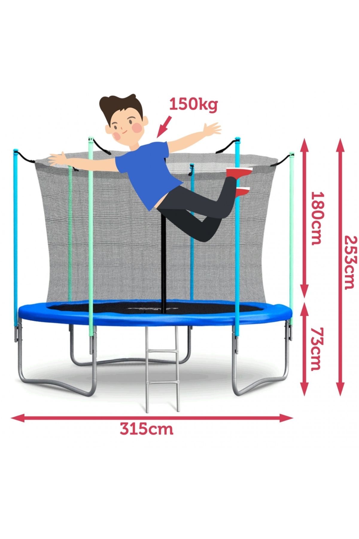 İSP-Trampoline 305 CM "ISP LikeSmart" Steel, with Protective Net, Access Ladder, Supports up to 1 5