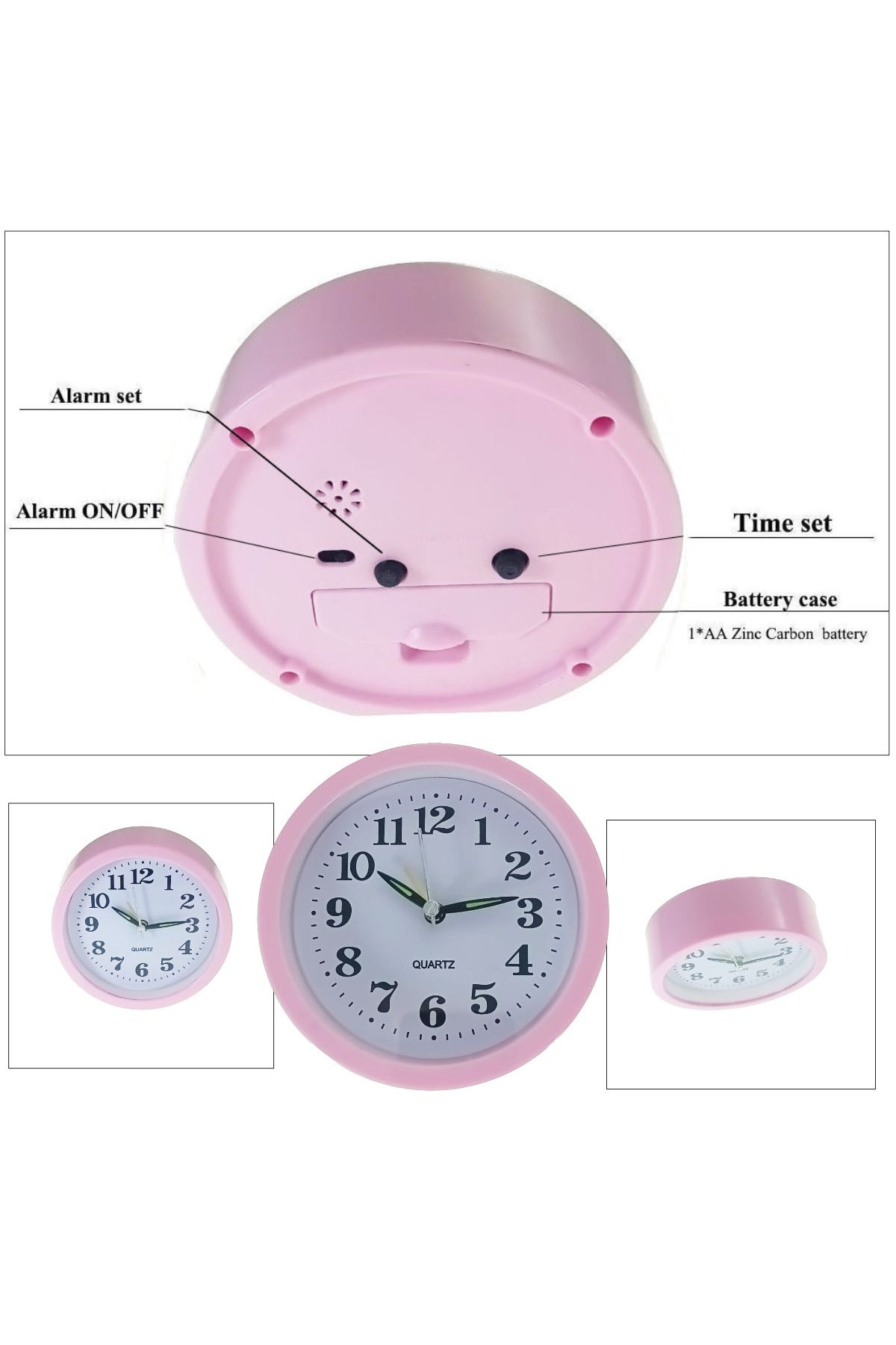 OEM-Table clock with alarm, analog display, 1 x AA battery, pink dial, 120 x 120 x 40 mm, white background 3