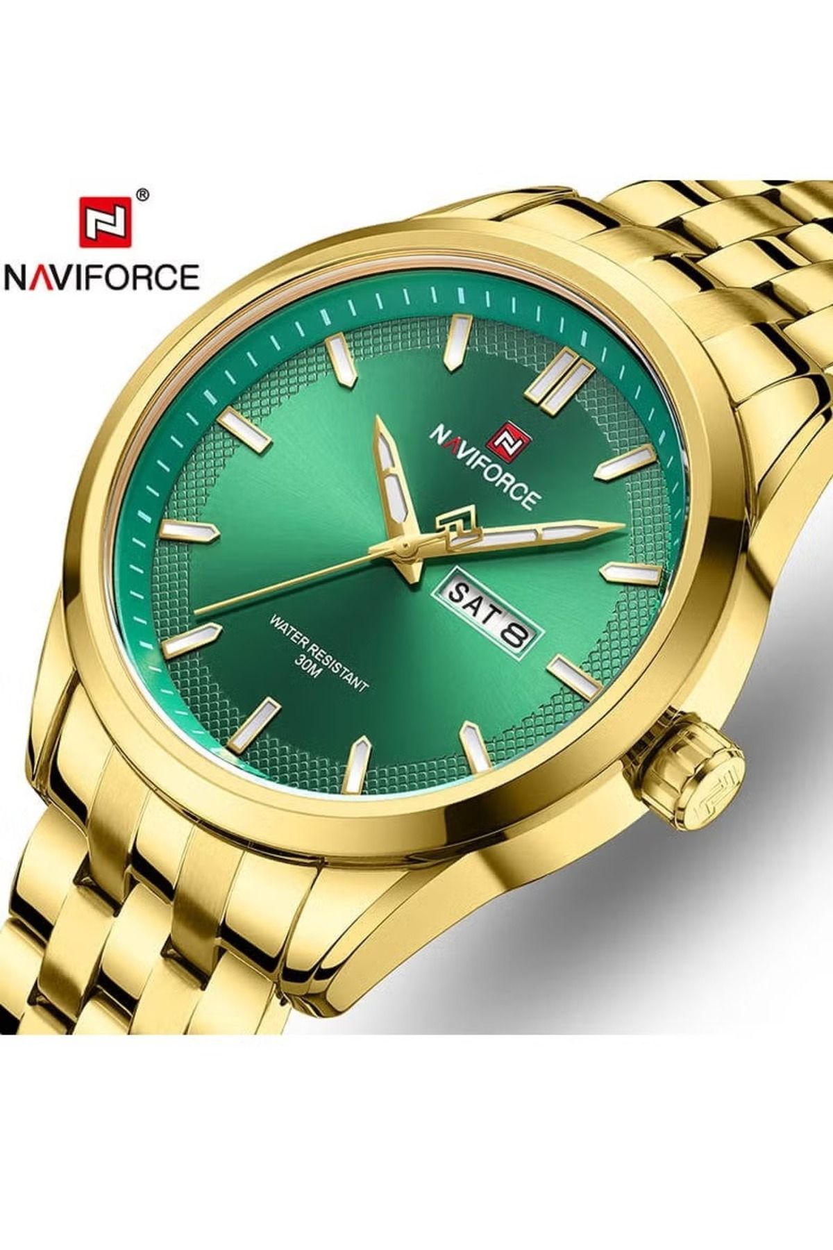 Naviforce-Stylish Mens Quartz Watch with Gold Dial Stainless Steel Strap Analog Display Day Date Function 4