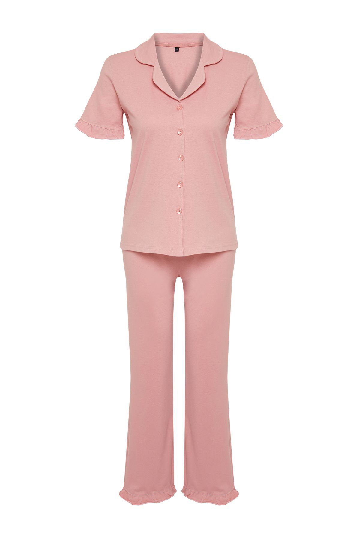 Trendyolmilla  Gül Kurusu %100 Pamuklu Fırfır Detaylı Örme Pijama Takımı THMSS24PT00223 - Görsel 7