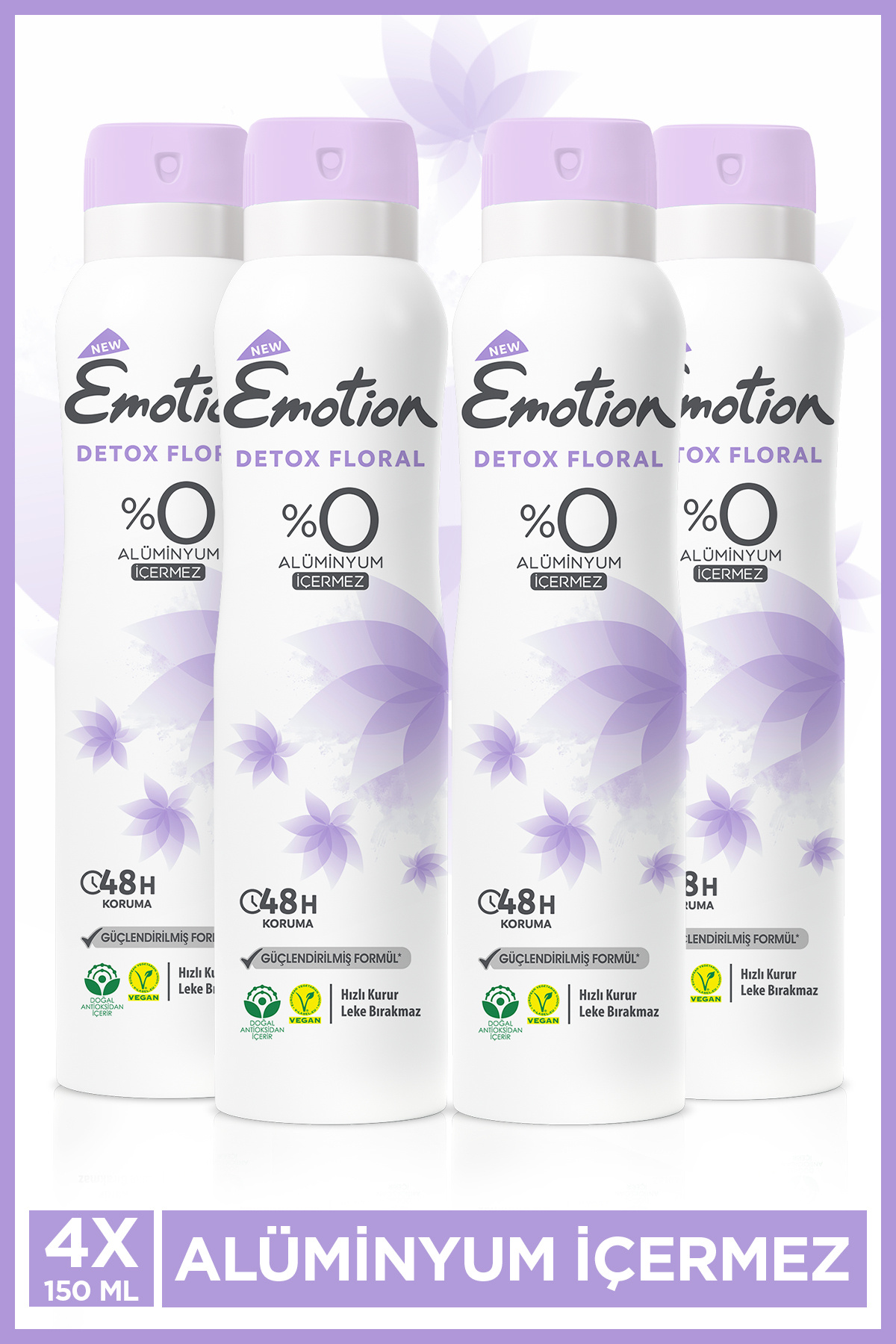 Emotion Detox Floral Kadın Vegan Deodorant 4x150 Ml Hızlı Kurur, Leke Bırakmaz