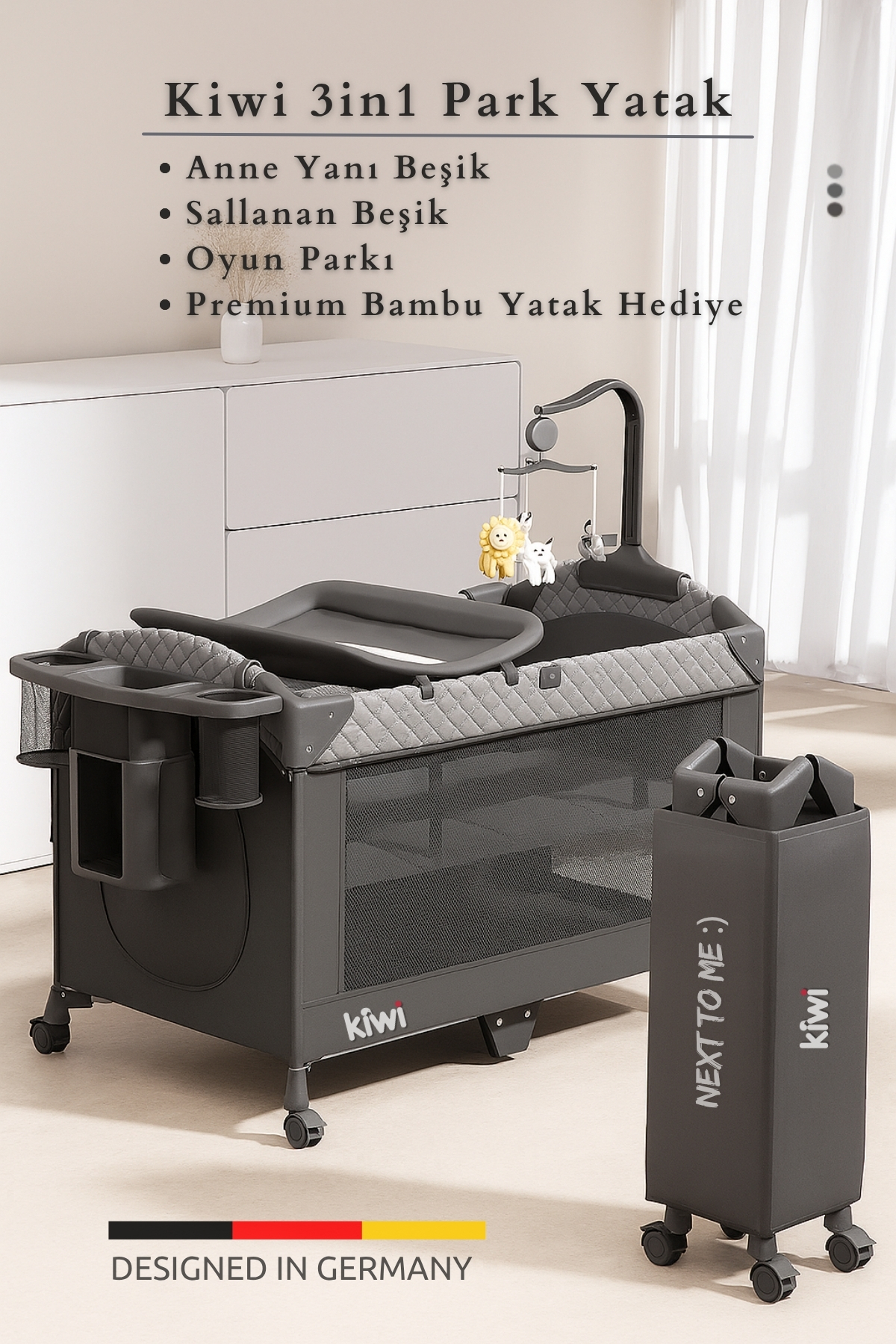 Kiwi Wild 3in1 Anne Yanı Park Yatak Katlanır Beşik, Tekerlekli, Yan Açılır, Müzik+Oyuncak+Cibinlik 70x110 fotoğrafı 2 (önizleme)