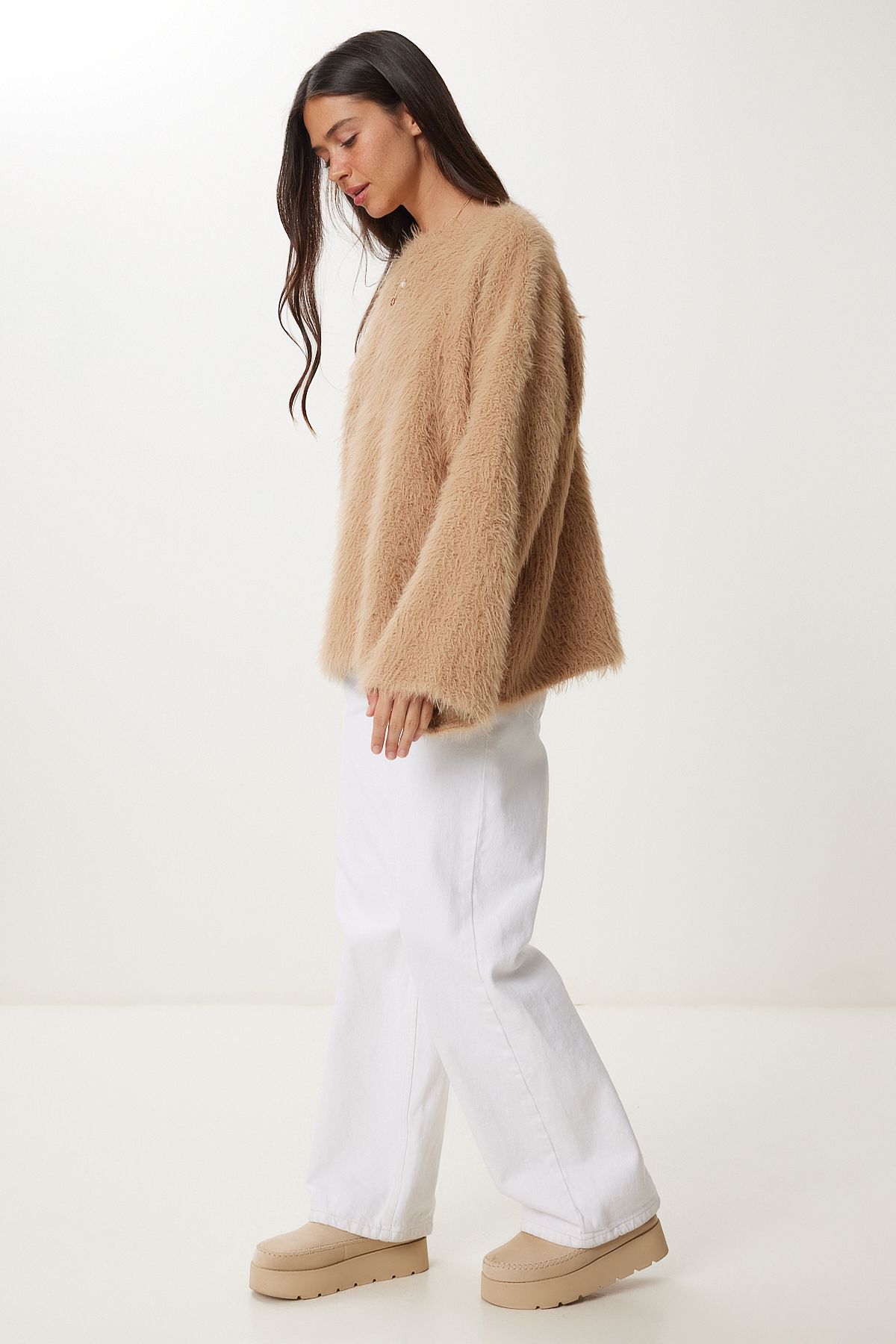 Happiness İstanbul-Damen-Pullover aus weichem, strukturiertem Bart-Strickwaren in Biscuit-Kleidung Kİ00133 3