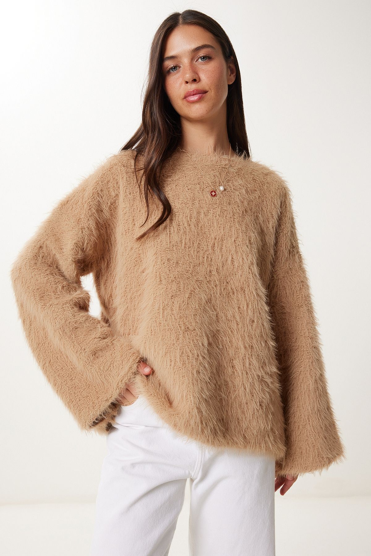 Happiness İstanbul-Damen-Pullover aus weichem, strukturiertem Bart-Strickwaren in Biscuit-Kleidung Kİ00133 5