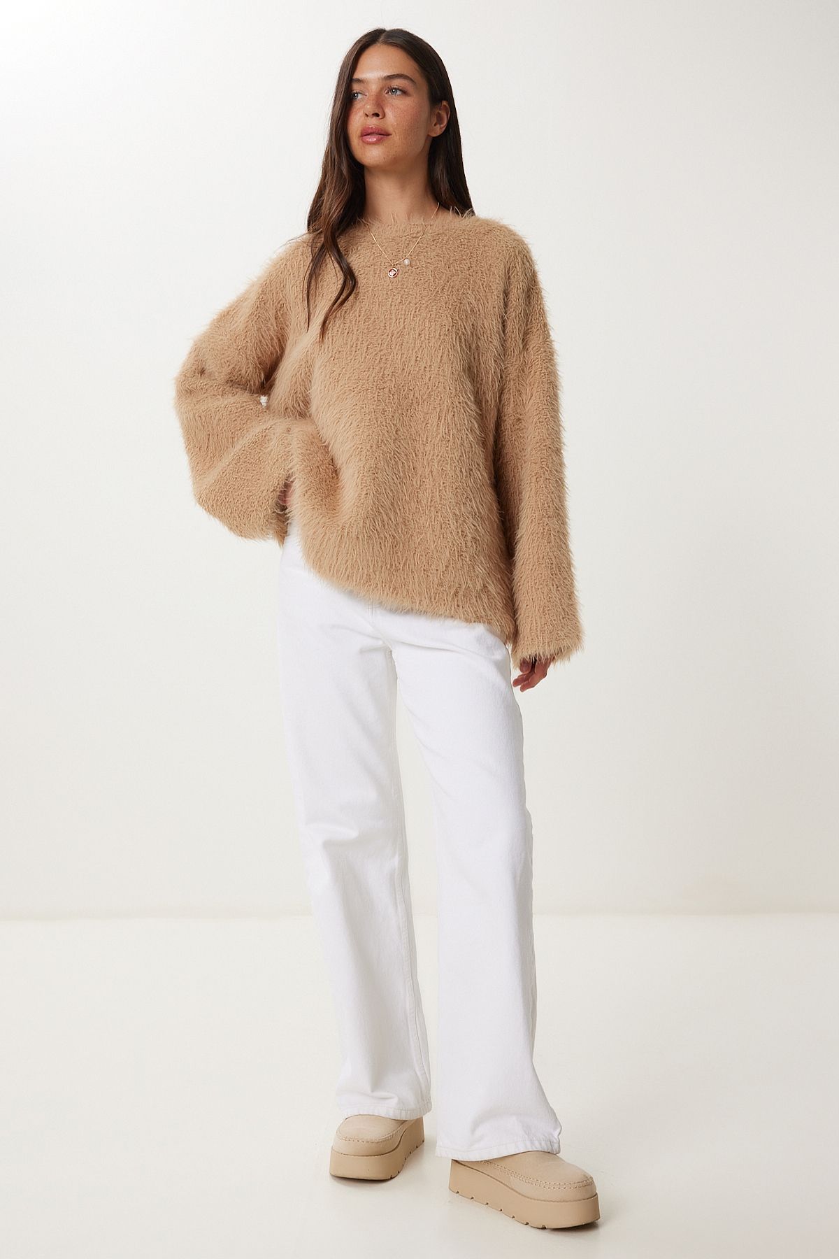 Happiness İstanbul-Damen-Pullover aus weichem, strukturiertem Bart-Strickwaren in Biscuit-Kleidung Kİ00133 4