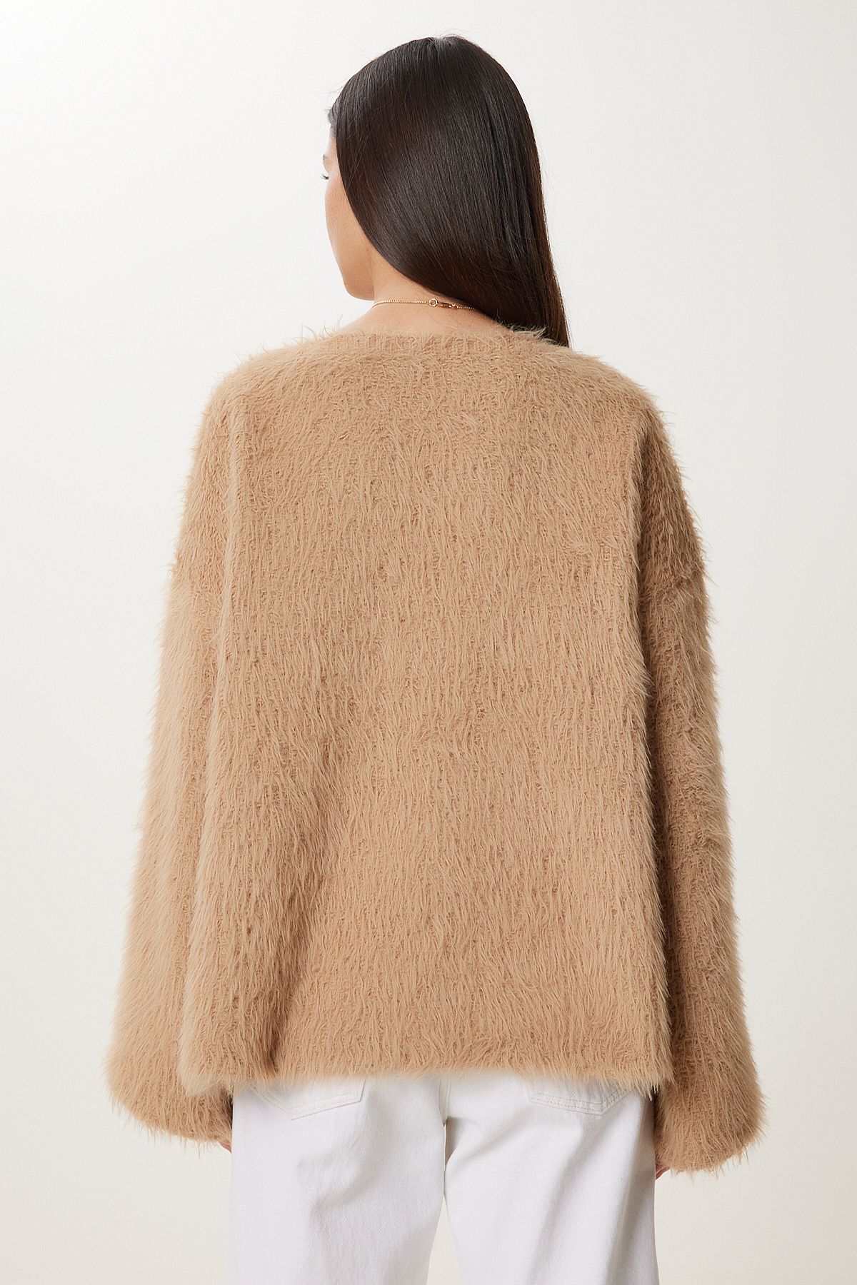 Happiness İstanbul-Damen-Pullover aus weichem, strukturiertem Bart-Strickwaren in Biscuit-Kleidung Kİ00133 6