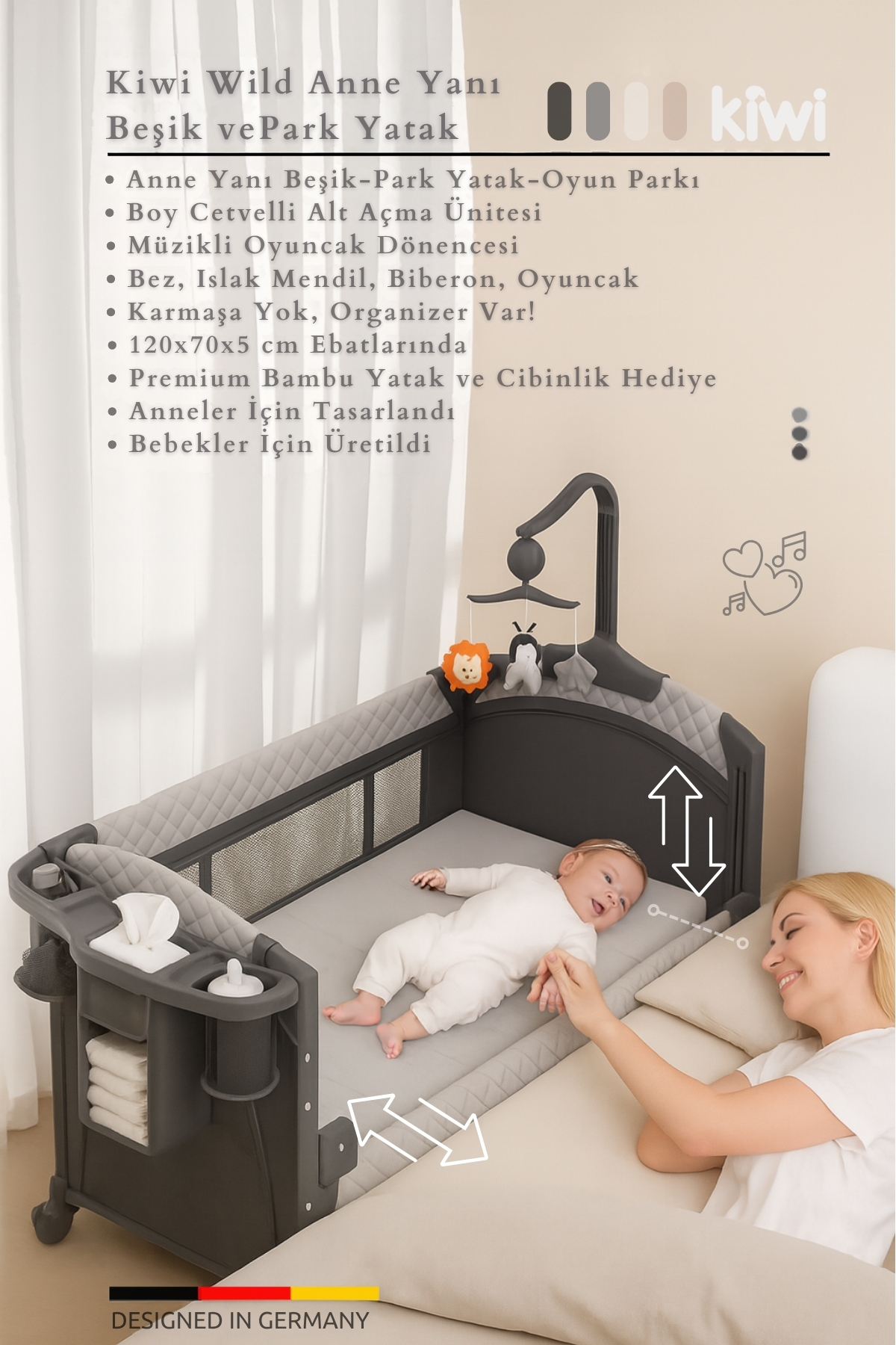 Kiwi Wild 3in1 Anne Yanı Park Yatak Katlanır Beşik, Tekerlekli, Yan Açılır fotoğrafı 2 (önizleme)