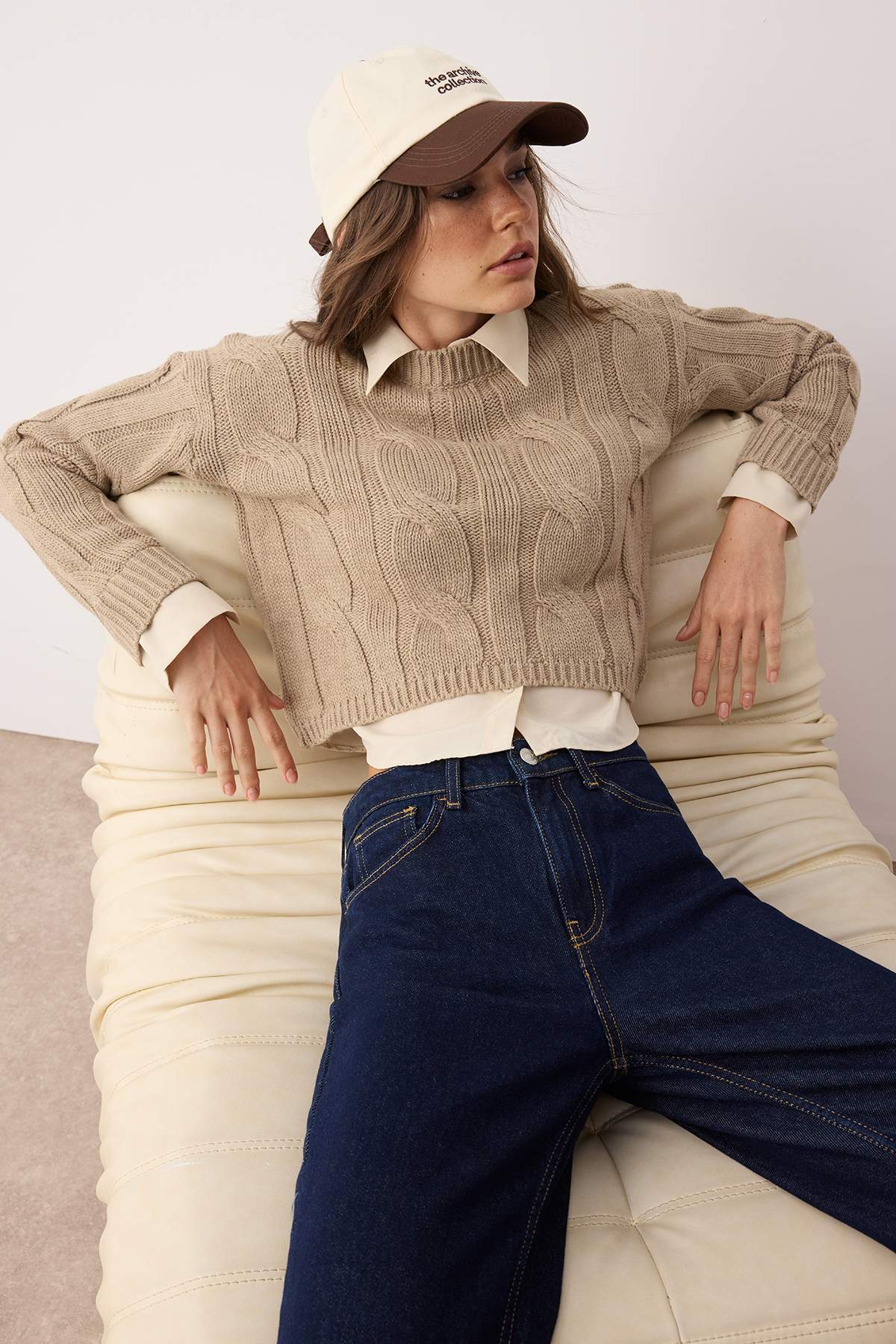 Trendyolmilla  Teen Vizon Gömlek Garnili Detaylı Crop Triko Kazak TWOAW26KZ00047