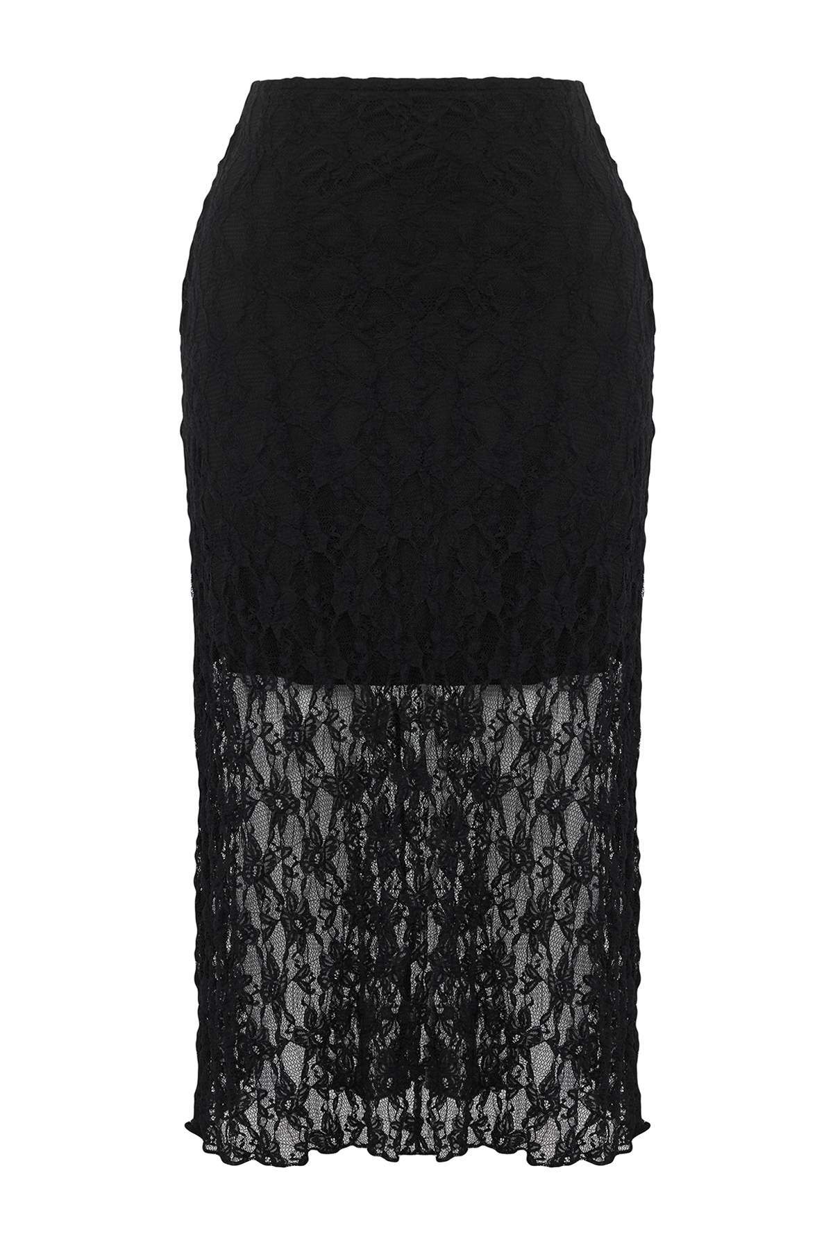 Trendyolmilla  Siyah Dantel A-line Mini Astarlı Büyük Beden Etek TBBSS25AZ00029 - Görsel 7