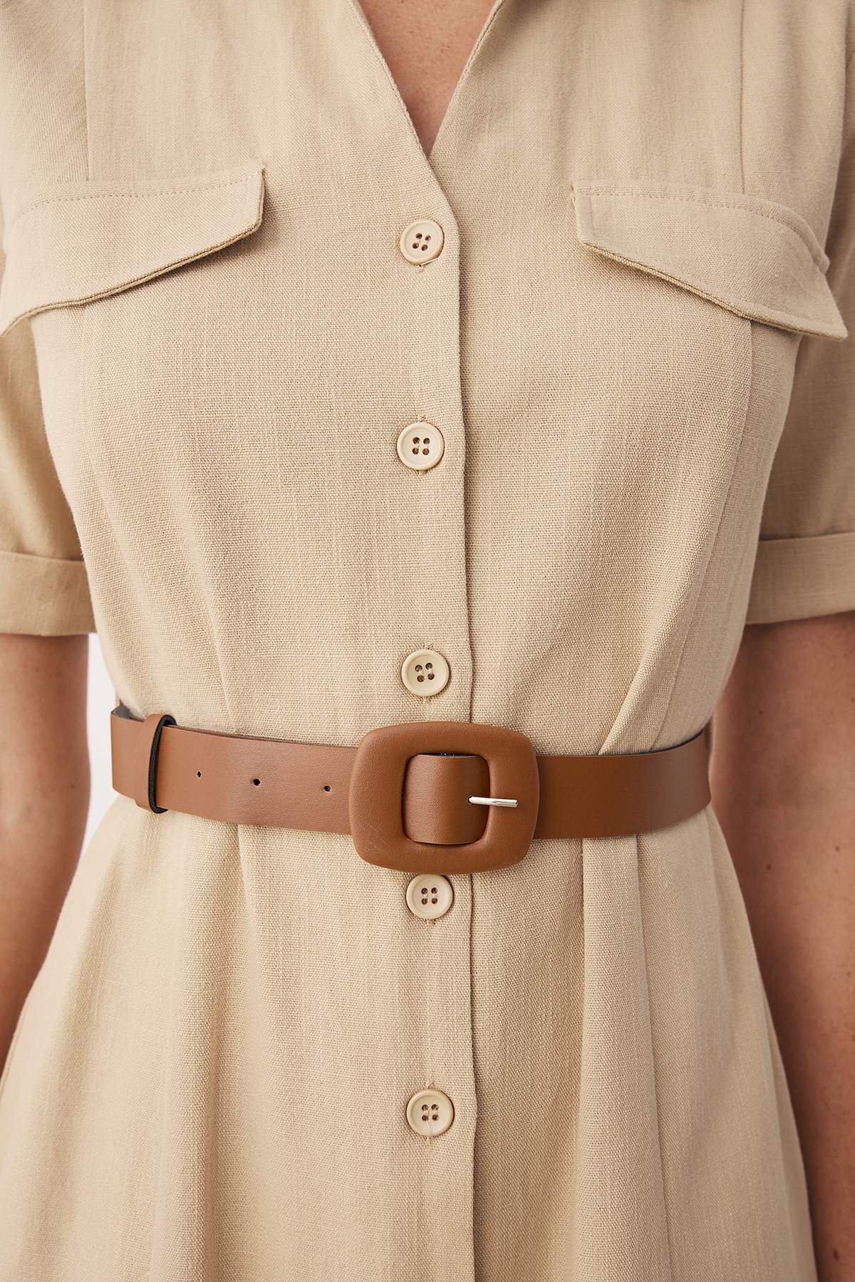 Trendyolmilla  Vizon Kemerli Düz Cep Detaylı Midi Dokuma Elbise TWOSS25EL00704 - Görsel 3