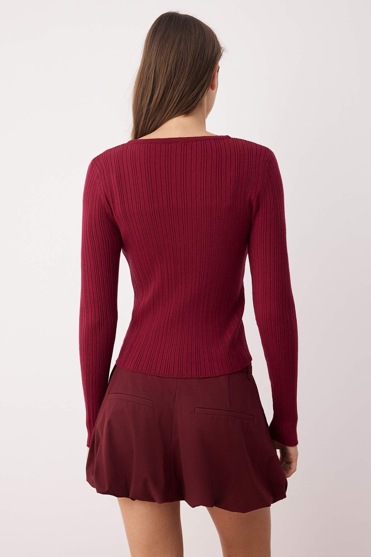 Trendyolmilla  Bordo 2'li Fitilli Premium/Özel İplikli Yumuşak Dokulu Triko Hırka-Bluz Takım TWOAW26HI00003 - Görsel 5