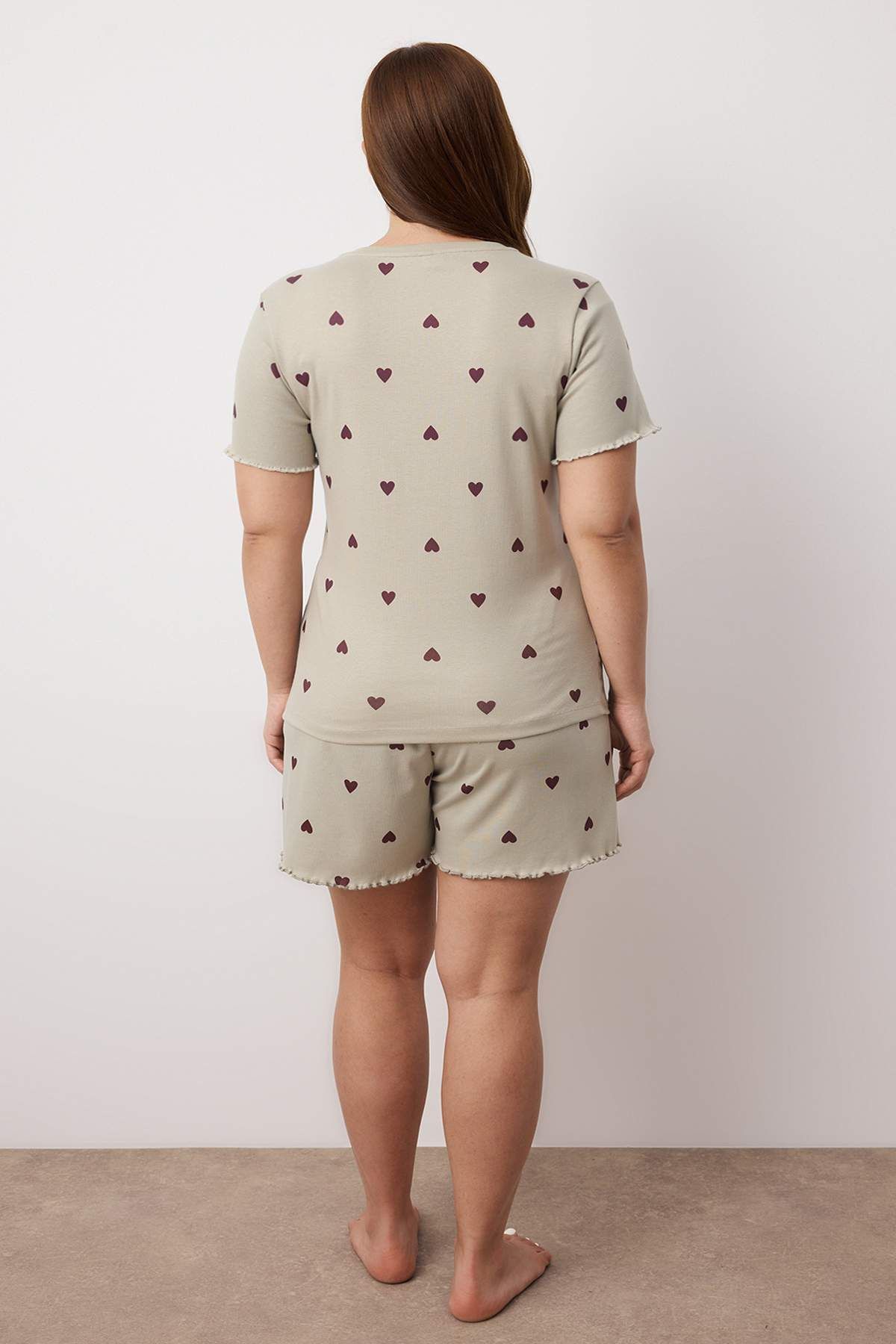 Trendyol Curve-Mint Heart Slogan Tištěné elastické šortky Pletené pyžamo Set TBBSS25AI00162 4