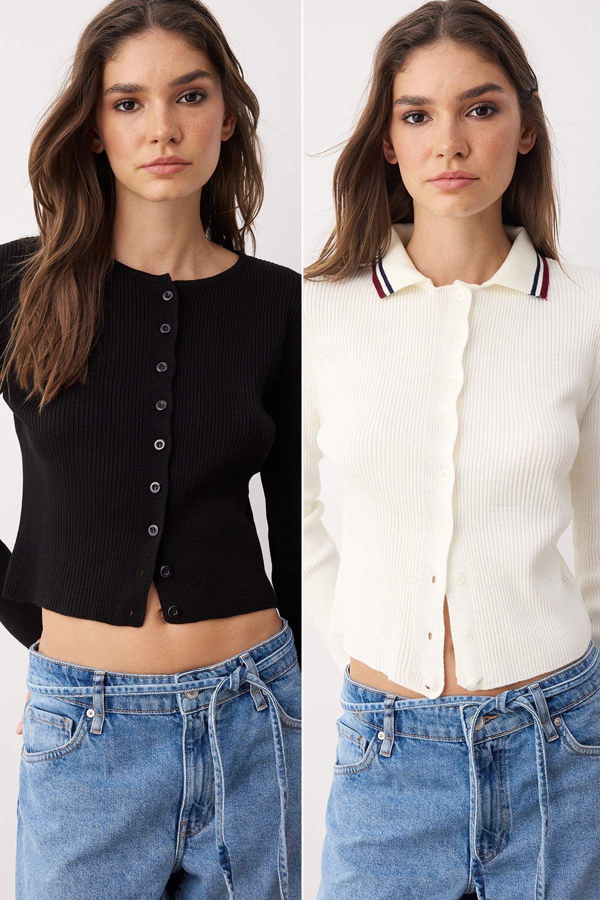 Trendyol Collection-Schwarz*001-Ecru Crop Farbblock-Einfarbig Doppelpack Strickjacke TWOAW26HI00127 1