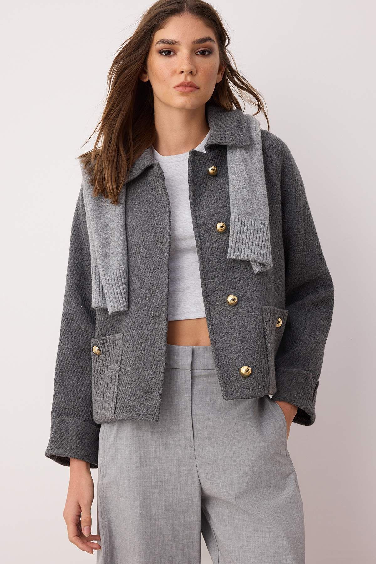Trendyol Collection-Gray Regular Fit Cashmere Knitwear Pocket Detailed Slim Jacket Coat Twoaw26Mo00113 2
