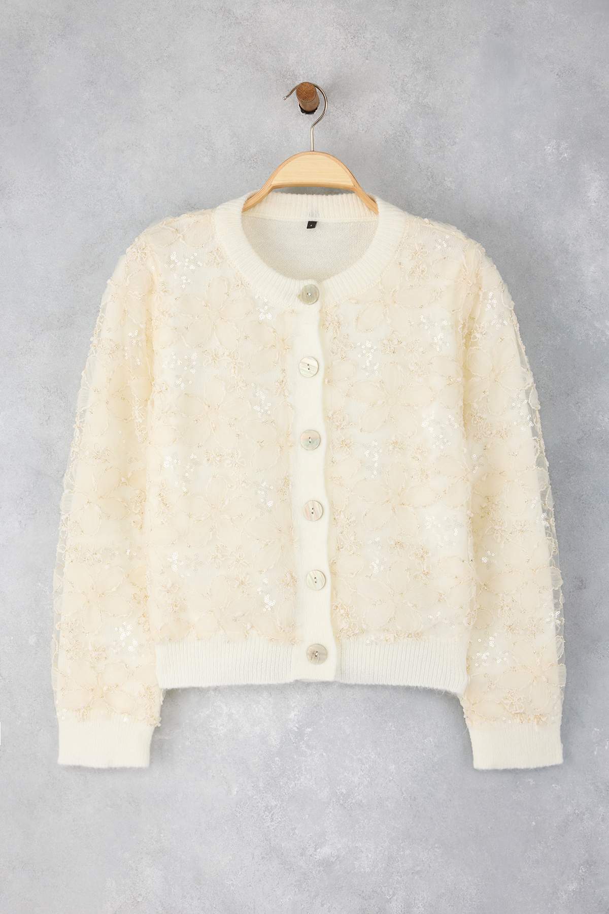 Trendyolmilla  Ekru Dantel Garnili Yumuşak Dokulu Triko Hırka TWOAW26HI00024 - Görsel 5