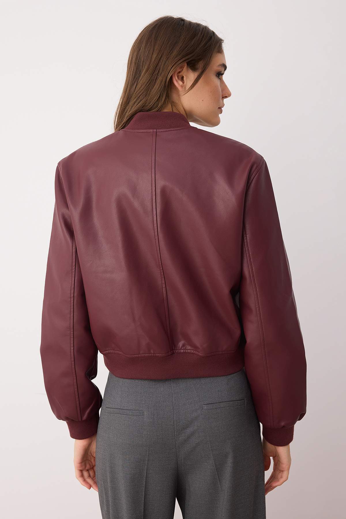 Trendyol Collection Bordó normál szabású műbőr bomber vékony kabát kabátok TWOAW26MO00084