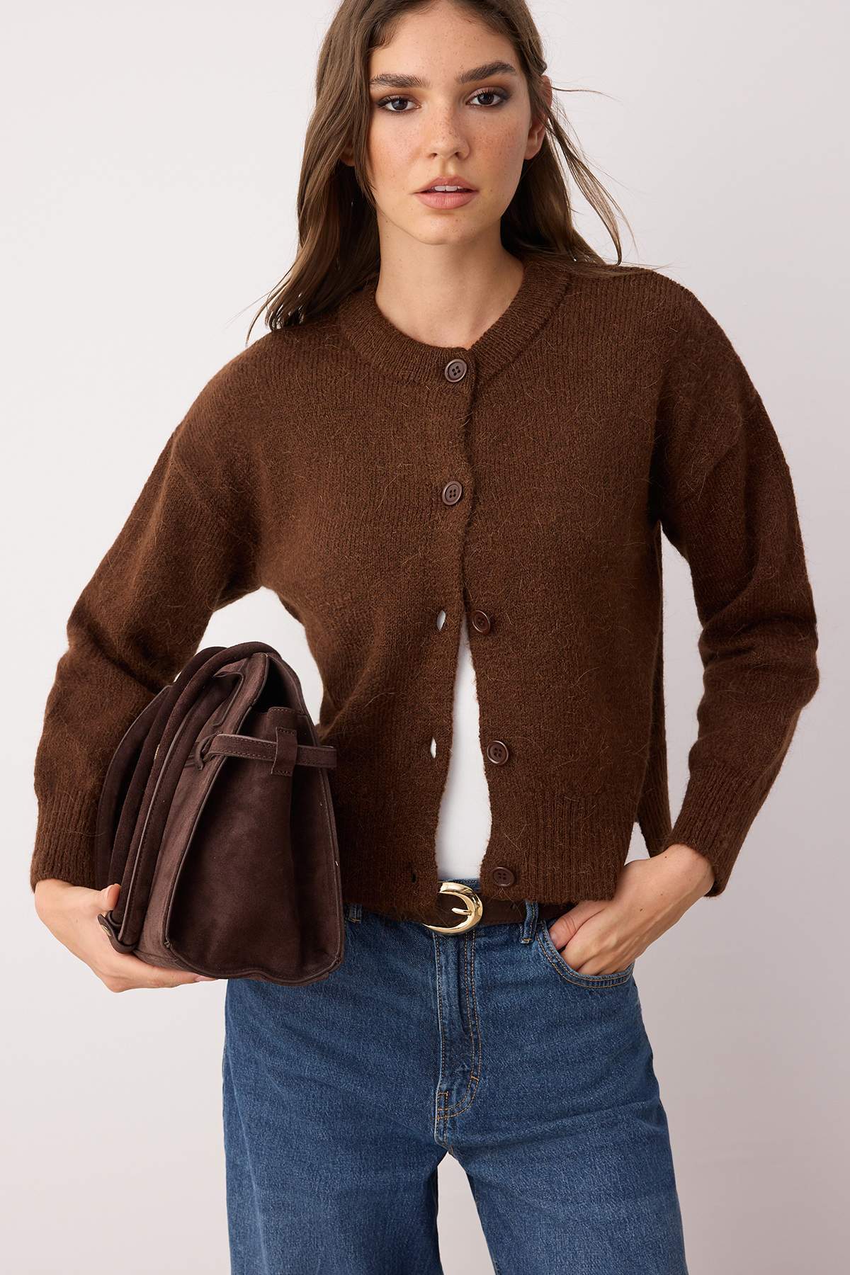 Trendyolmilla  More Sustainable Kahverengi Alpaka Yünü Karışımlı Premium/Özel İplik Triko Hırka | TWOAW26HI00000