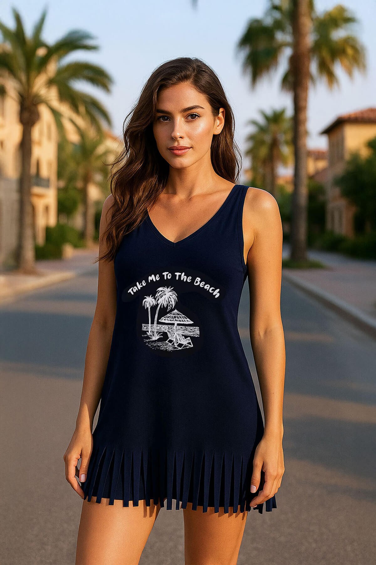 Women's V-Neck Sleeveless Beach Printed Tassel Slim Stretch Beach Dress