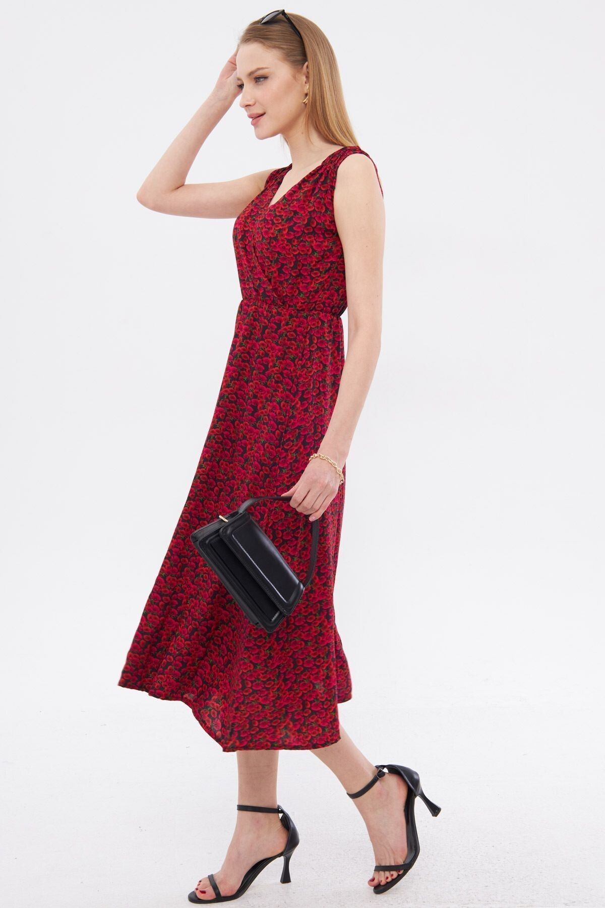 armonika-Rochie midi cu model fuchsia cu guler dublu - elastic pe talie si pe umeri ARM-24Y001052 3