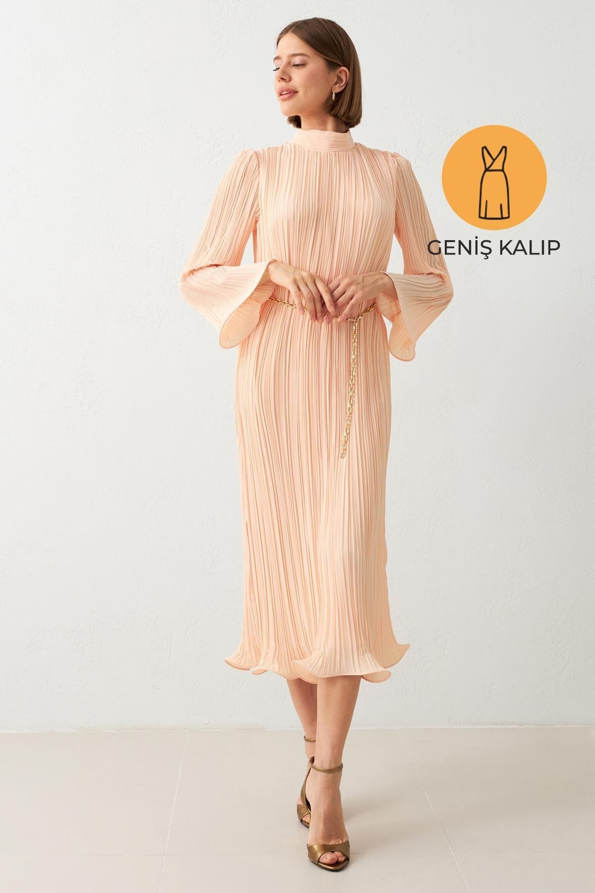 Setre-Light Salmon Turtleneck Waist Belt Detailed Midi Length Wide Fit Dress 1