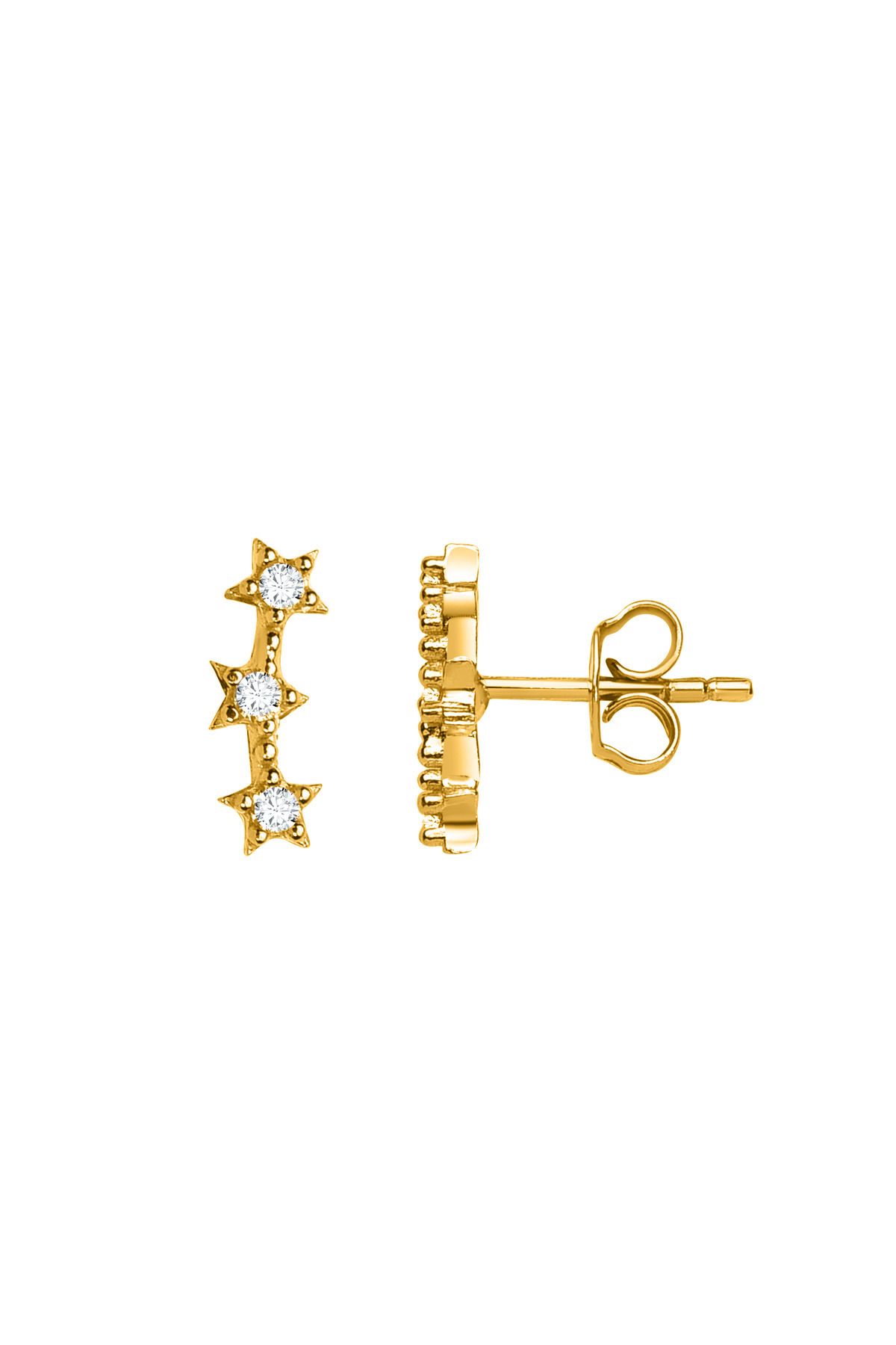 jelux silver Gümüş 925 Ayar Triple Star Zirkon Taşlı Çivili Gold Küpe