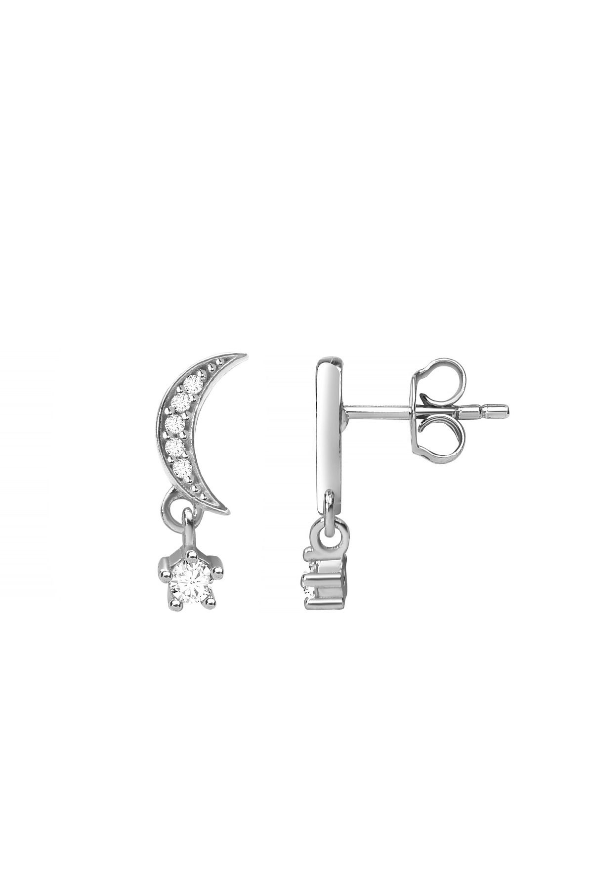 jelux silver Gümüş 925 Ayar Ay Yıldız Zirkon Taşlı Çivili Küpe