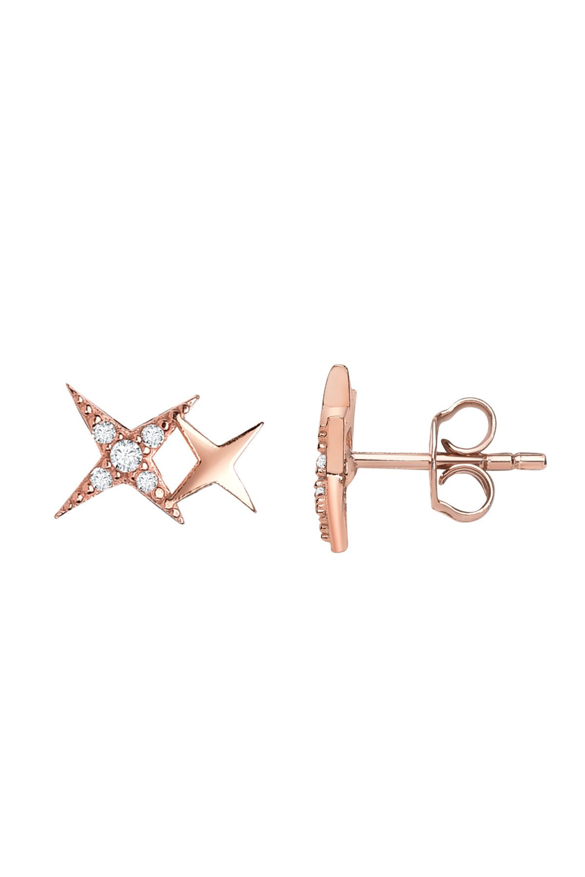 jelux silver Gümüş 925 Ayar Minimal Çift Yıldız Zirkon Taşlı Çivili Rose Küpe