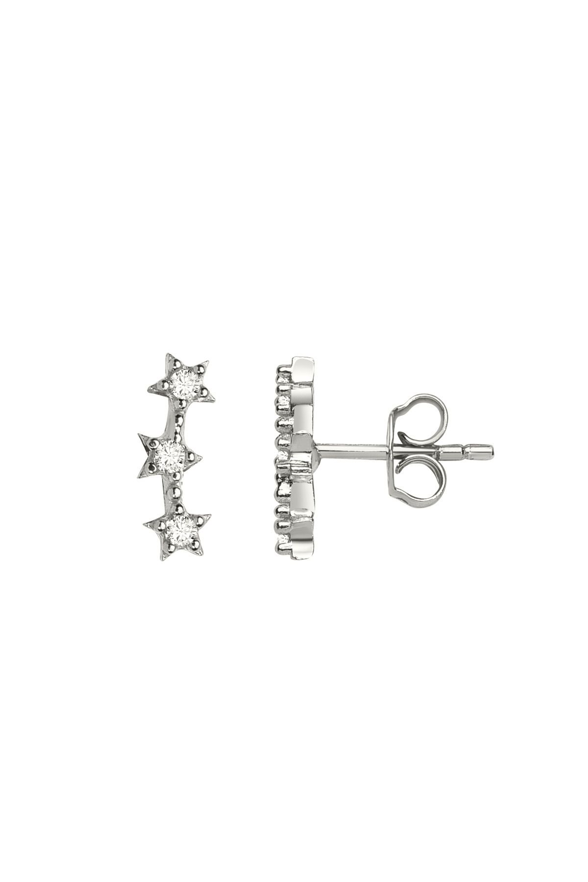jelux silver Gümüş 925 Ayar Triple Star Zirkon Taşlı Çivili Küpe