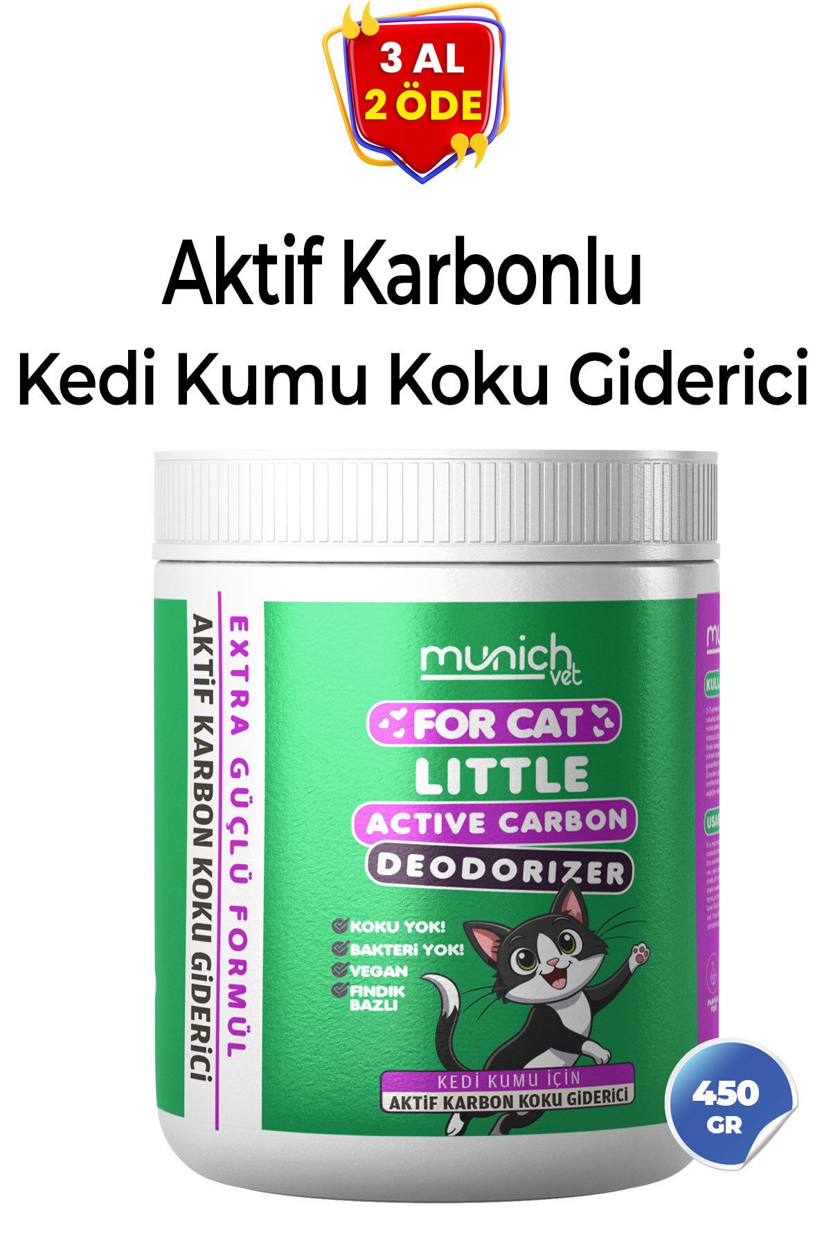 Munich Vet Aktif Karbonlu Kedi Kumu Koku Giderici – Doğal Koku Önleyici – Tüm Kumlarla Uyumlu 450gr