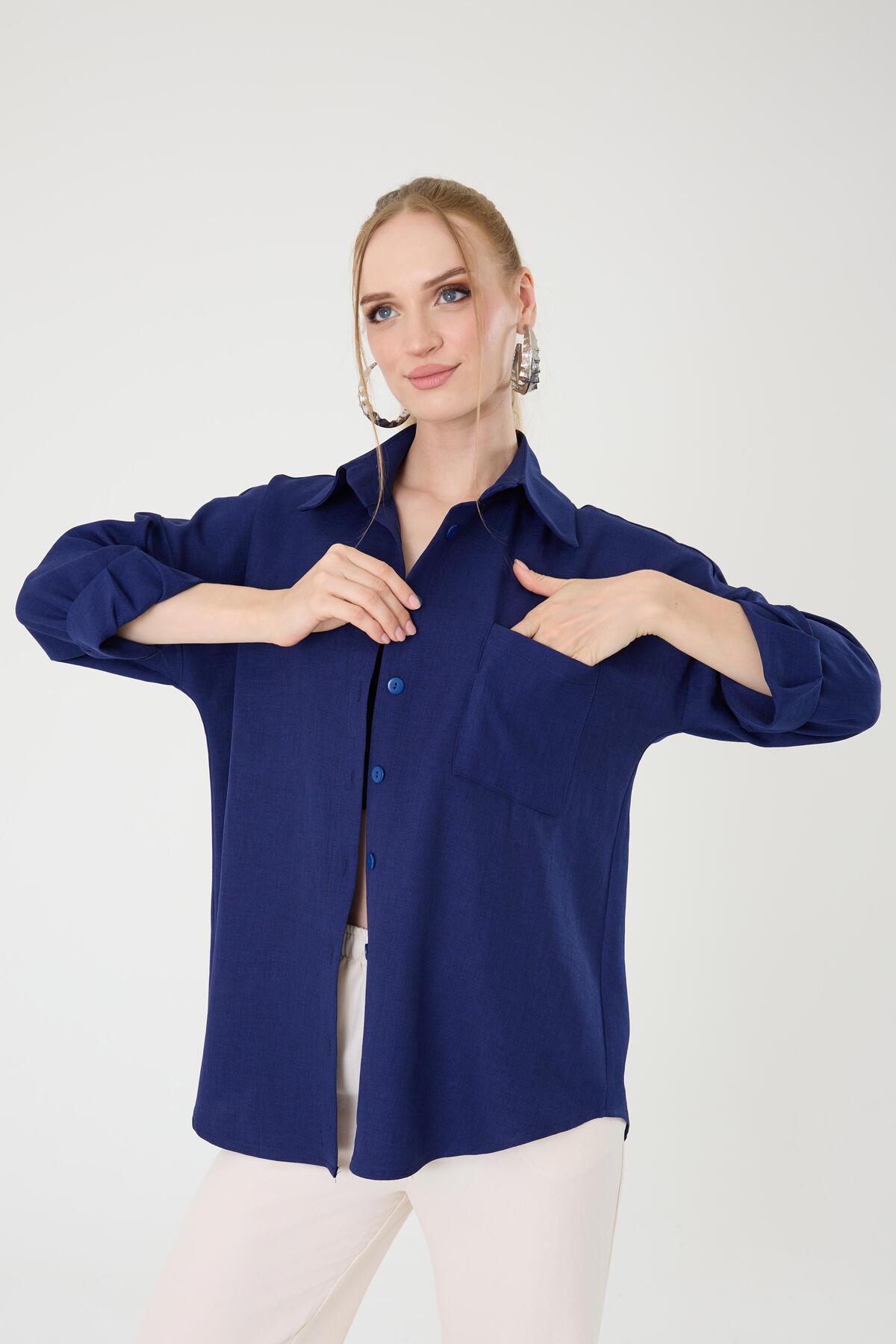 Hazel Tek Cepli Oversize Keten Gömlek- Lacivert fotoğrafı 3 (önizleme)
