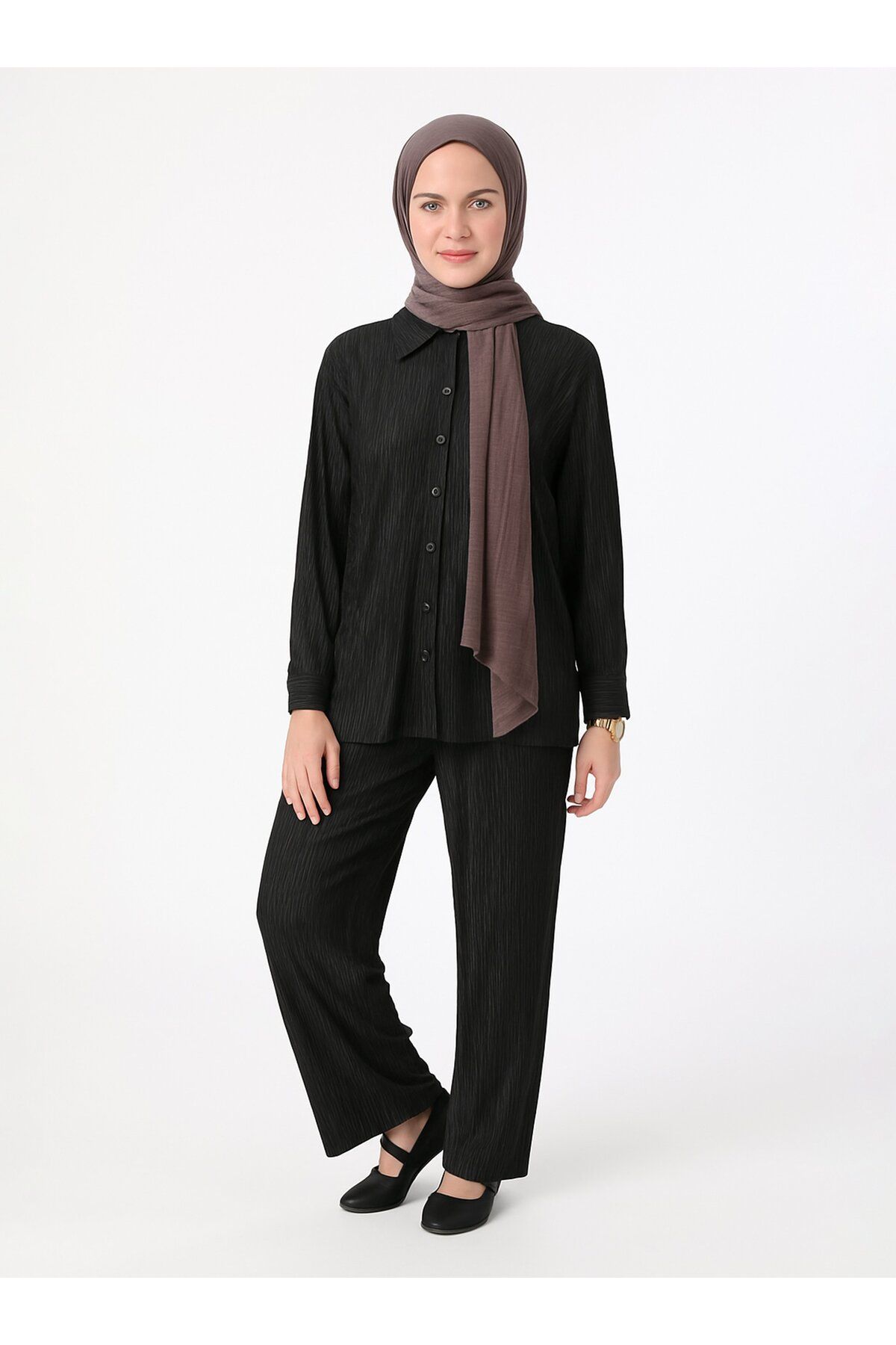 Refka-Button Detailed Trousers & Shirt Double Set - Black- Refka 1