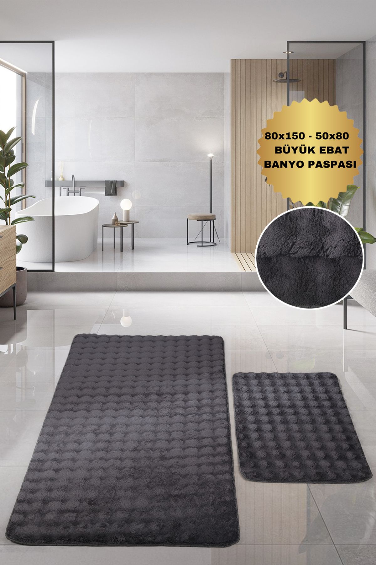 Bestekar Puffelle Kabartmalı Antrasit Büyük Boy Kaymaz Modern Yıkanabilir Yumuşak İkili Banyo Paspas Takımı