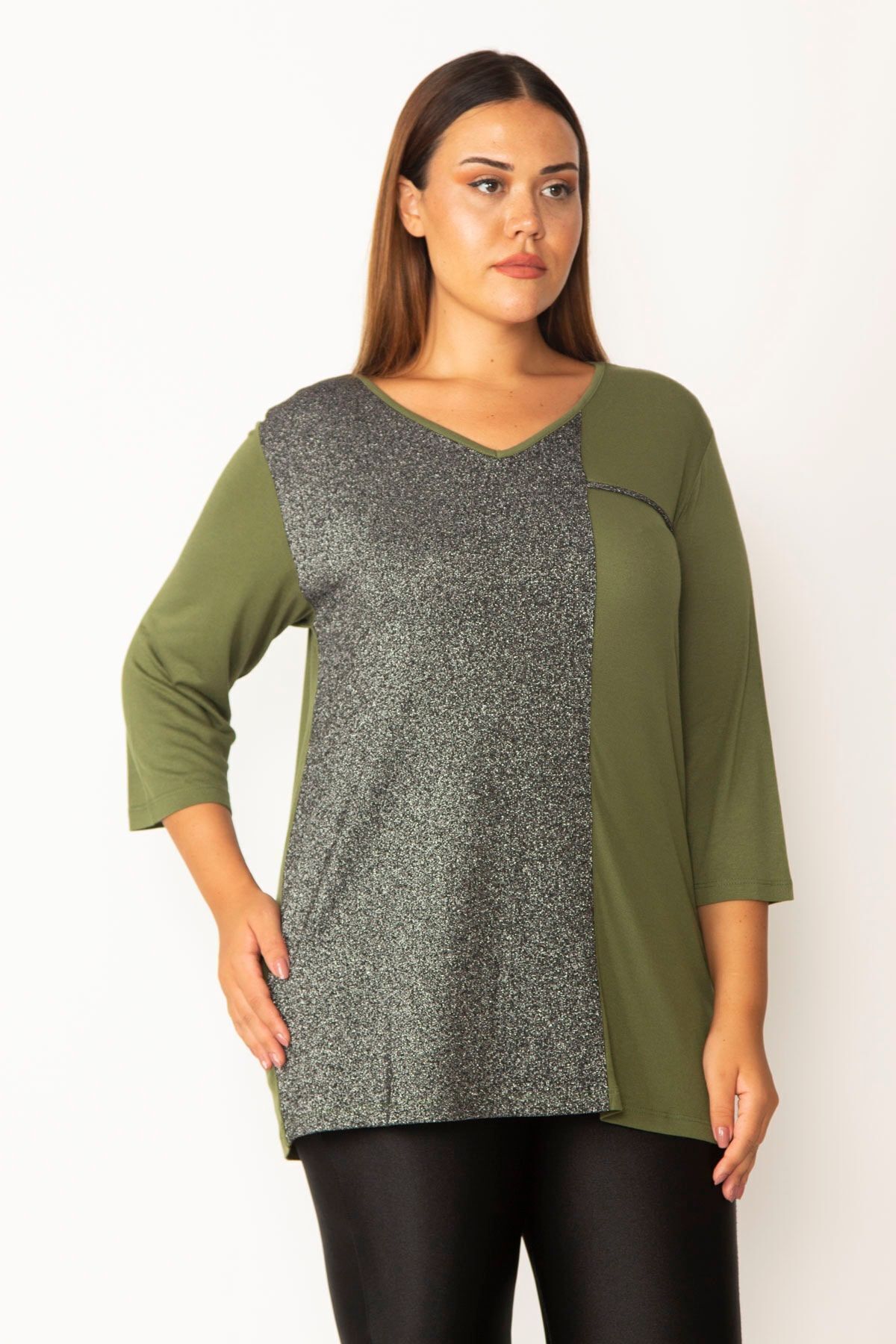 Şans-Women's Large Size Khaki Glitter Detailed Long Sleeve Blouse 65n28148 1