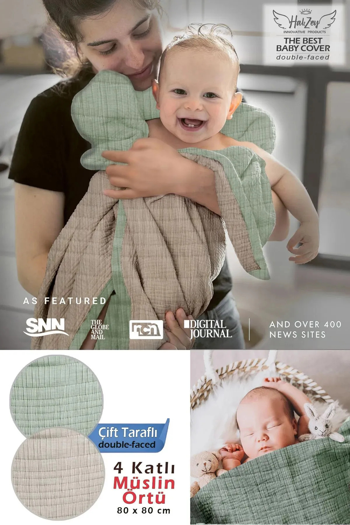 HALZEY 80x80 cm 4 Katlı Müslin Örtü, Bebek Battaniyesi, Bebek Bakım Örtüsü, Bebek Pike Örtüsü, Bebek Kundak fotoğrafı 4 (önizleme)