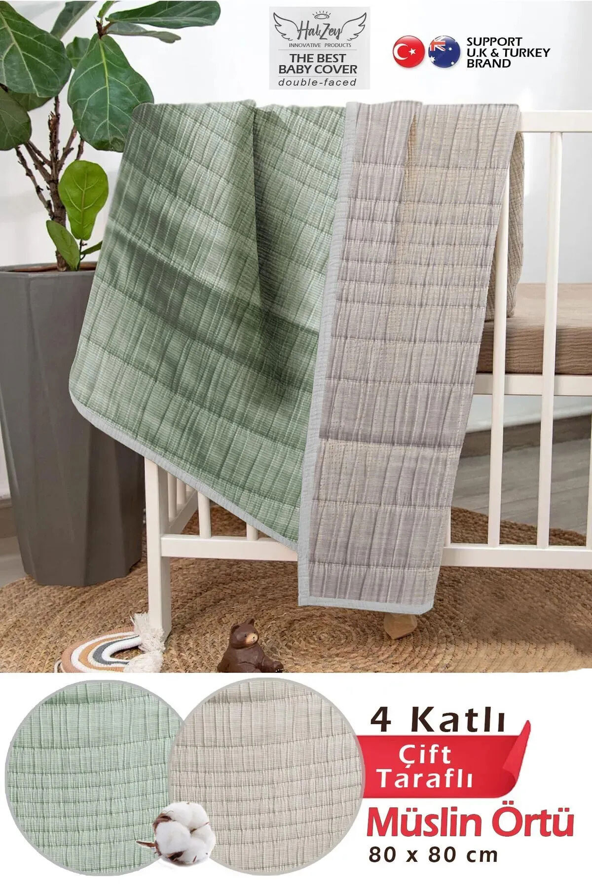 HALZEY 80x80 cm 4 Katlı Müslin Örtü, Bebek Battaniyesi, Bebek Bakım Örtüsü, Bebek Pike Örtüsü, Bebek Kundak fotoğrafı 2 (önizleme)