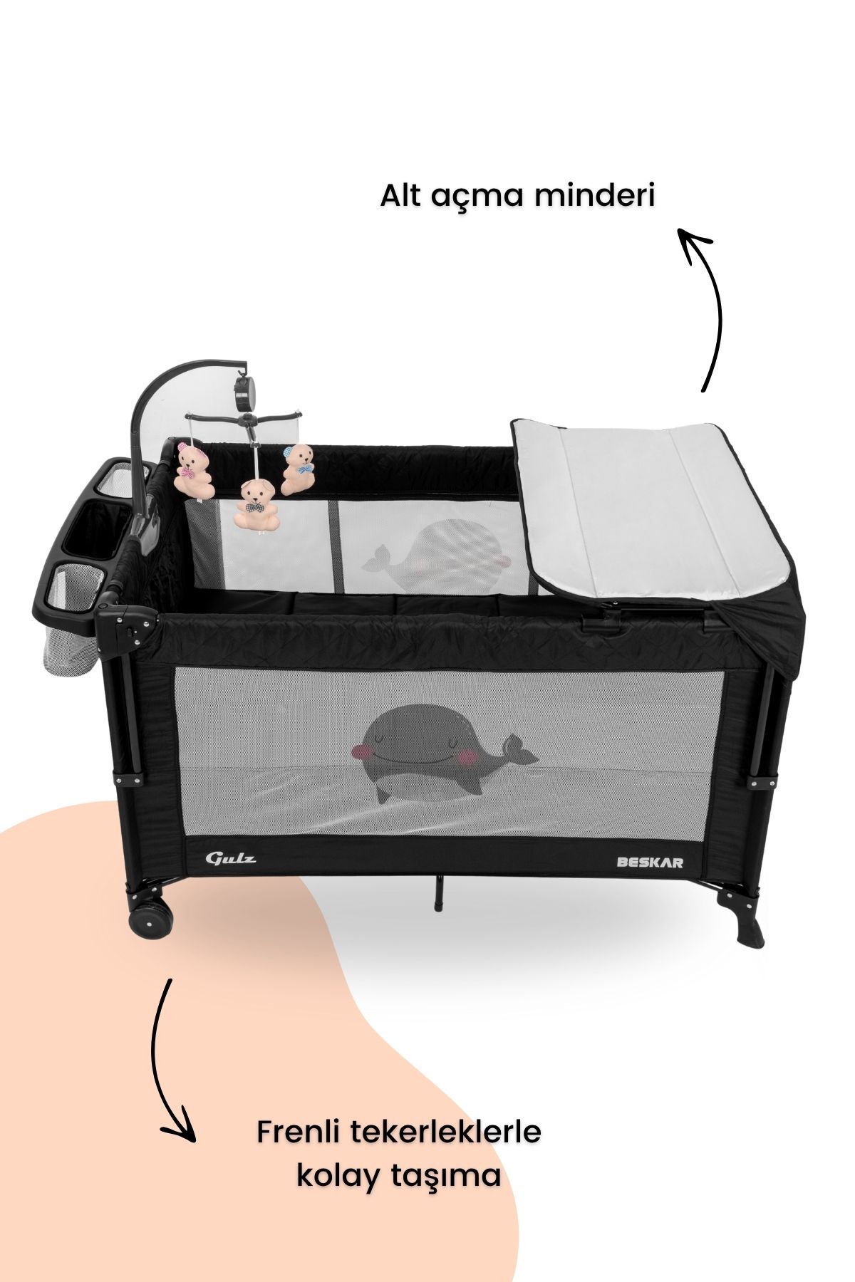 Gulz Beskar Anne Yanı Sallanır Dönenceli Alt Açmalı Oyun Parkı Bebek Beşik 70X120 cm + YATAKLI Siya fotoğrafı 2 (önizleme)