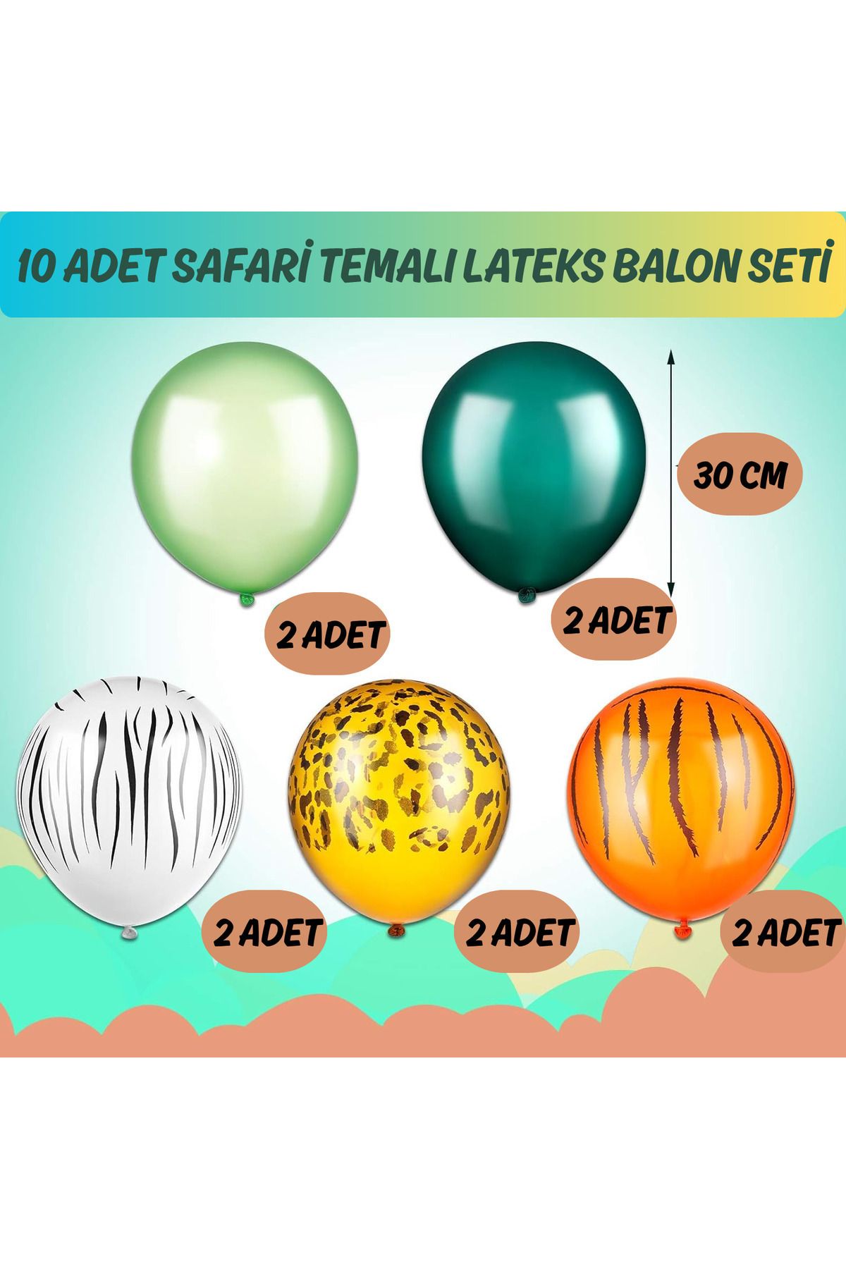 UVERTE Safari Temalı Doğum Günü Balon Seti 10 Adet Balon - 10 Adet 12 İnç 30 cm Safari Temalı Balon Seti
