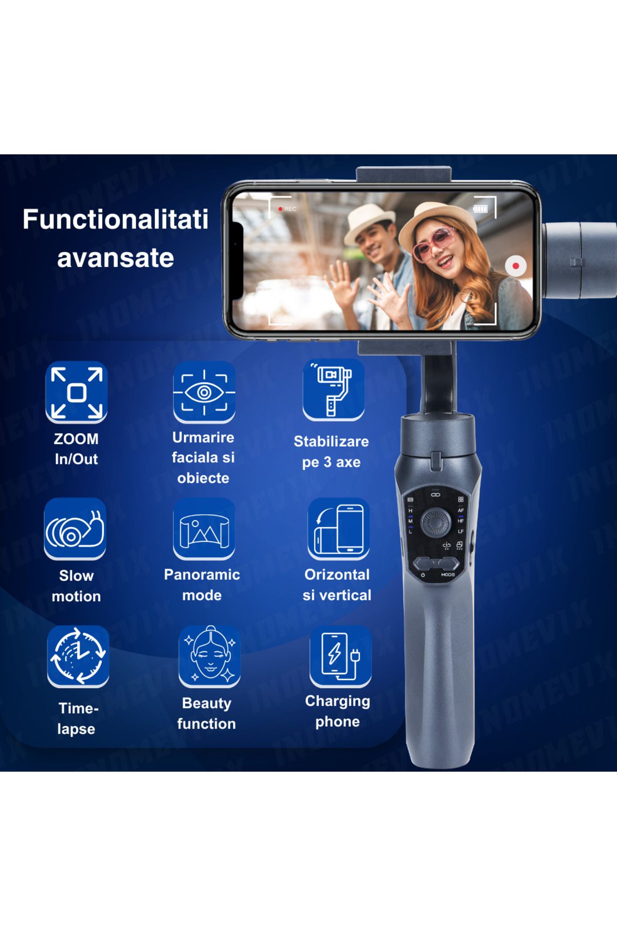 INOMEVIX-Phone Stabilizer ® F10 Pro, 3-Axis, Bluetooth, Face Tracking, Tripod and Case Included 2