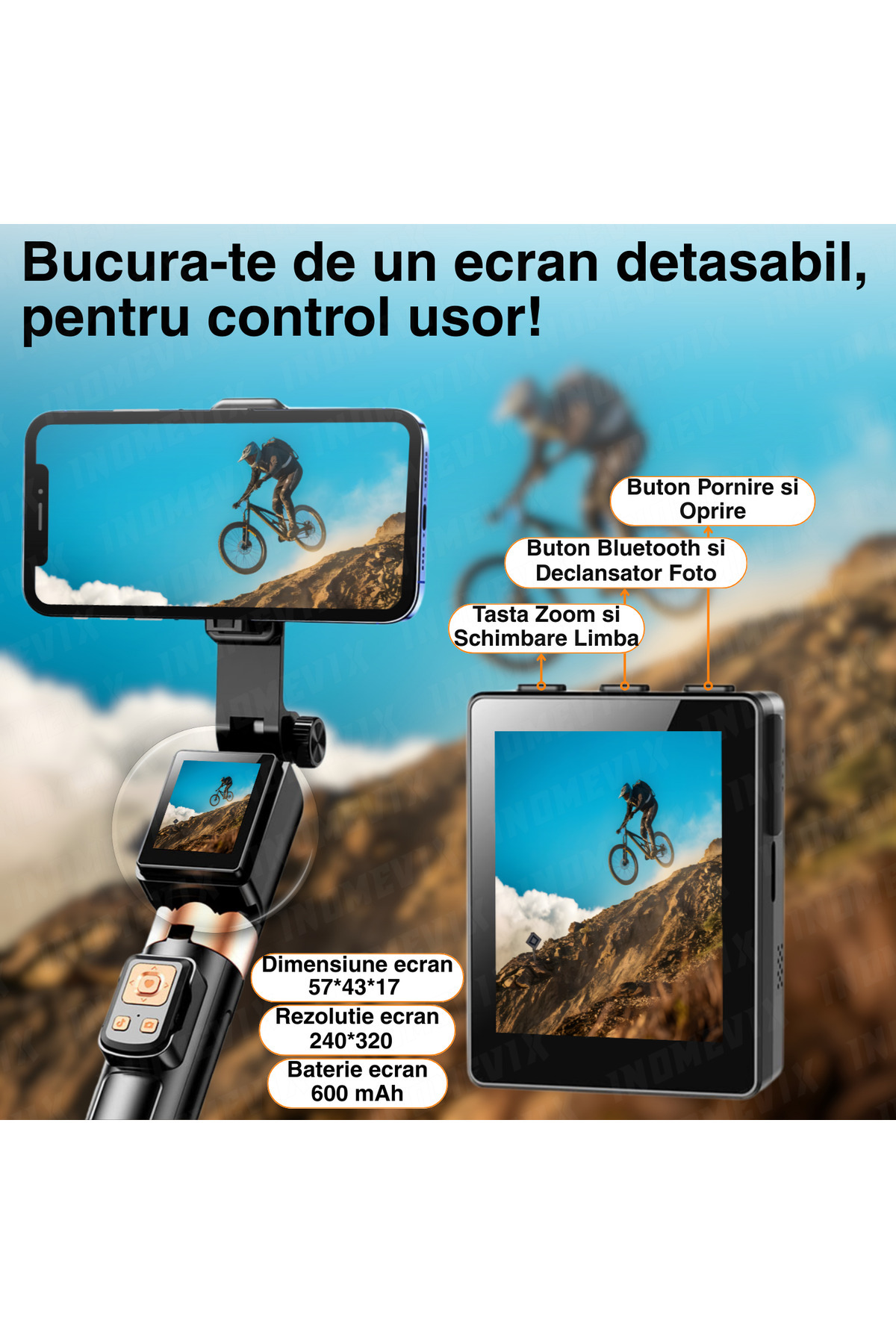 INOMEVIX-Selfie Stick For Phone, Extendable Tripod 170cm, Removable Hd Screen,compatible With Ios And Android 4