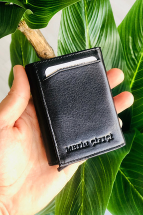 derius Unisex Siyah Hakiki Deri Otomatik Mekanizmalı Kişiye Özel Kartlık Cüzdan