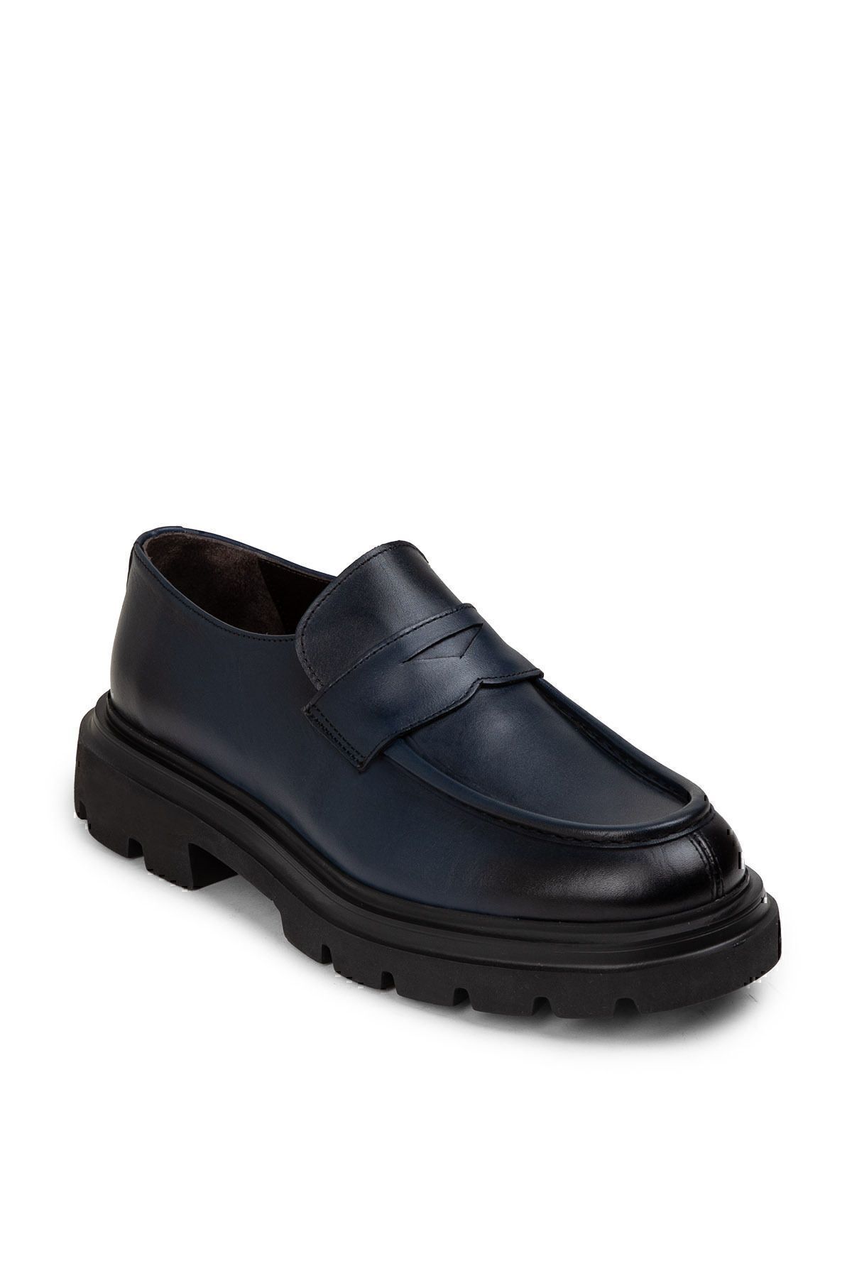 Deery-Genuine Leather Navy Blue Men's Loafer Shoes 7