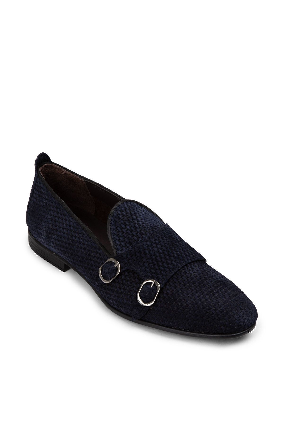 Deery-Genuine Nubuck Navy Blue Men's Double Buckle Loafer 7