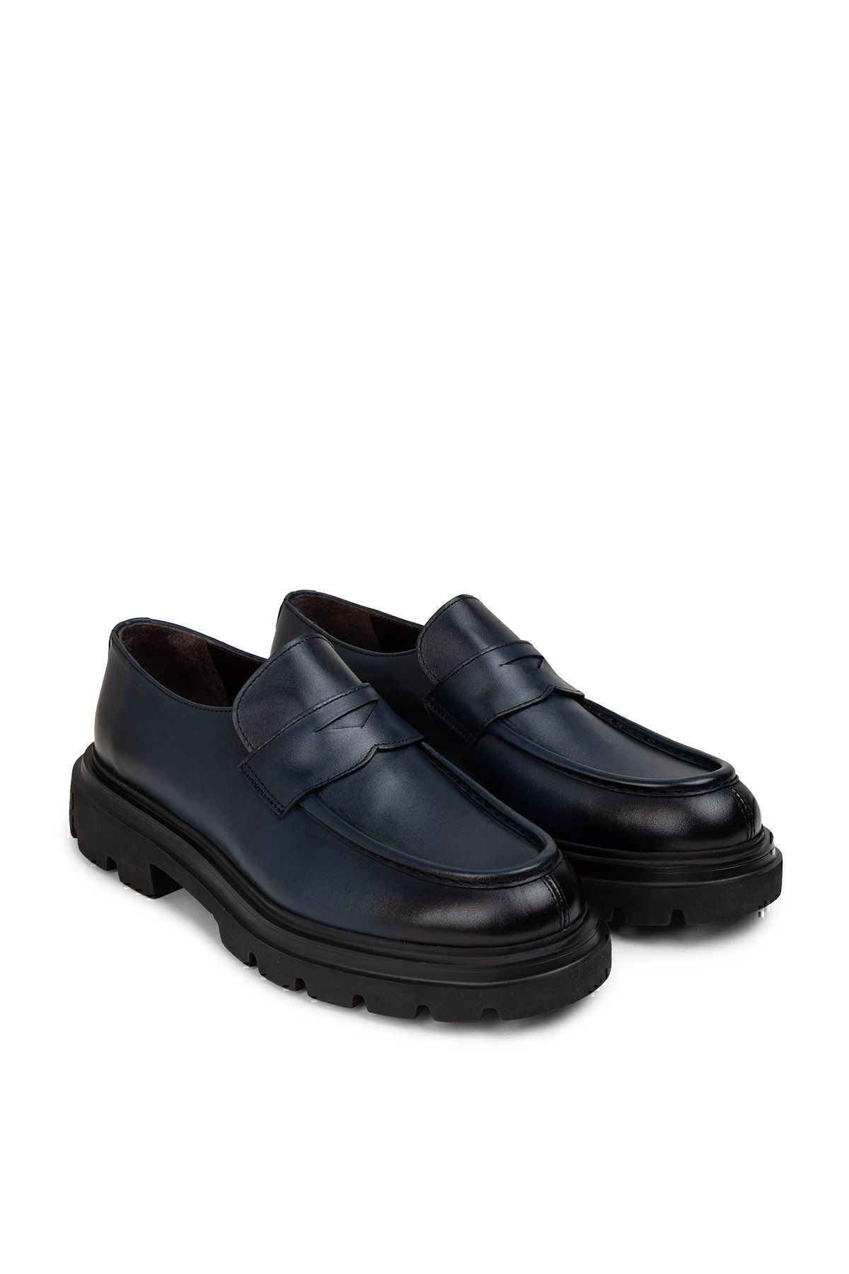 Deery-Genuine Leather Navy Blue Men's Loafer Shoes 2