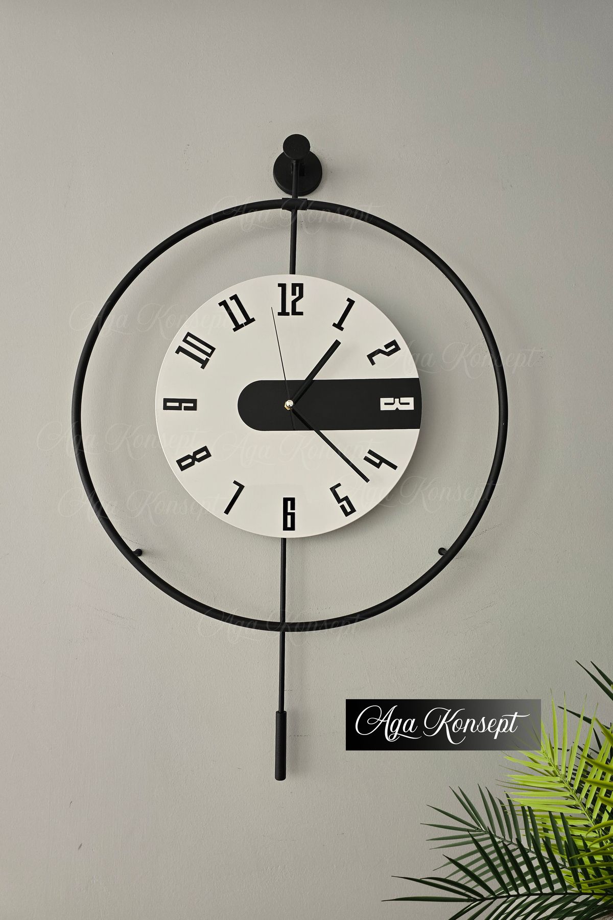 AGA KONSEPT SİYAH Latin 3 Kristal Tiktok (ORTA BOY 40 X 60 Cm), Modern Dekoratif Sarkaçlı Metal Duvar Saati