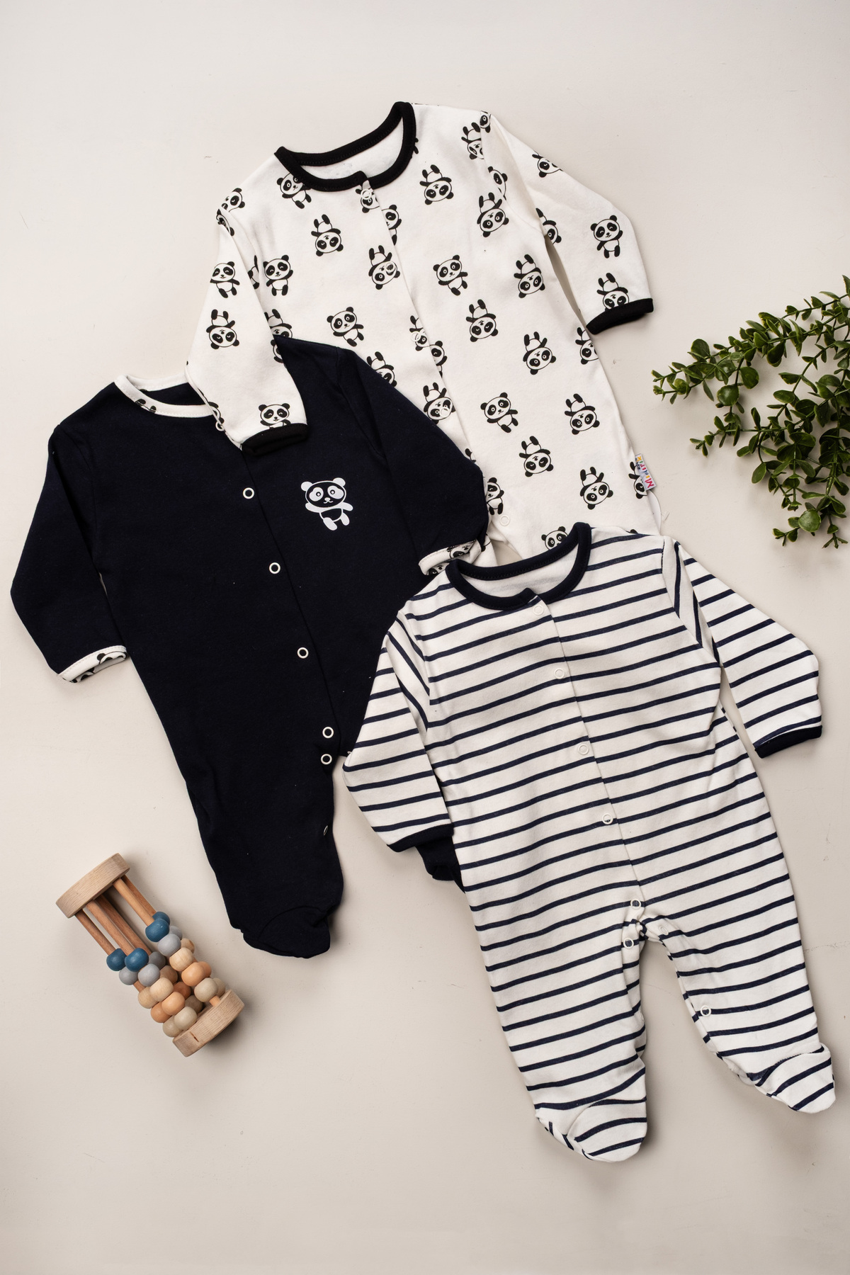 mybabydukkan Kız Ve Erkek Bebek Panda Baskılı Pamuklu 3 Lü Tulum Seti fotoğrafı 2 (önizleme)
