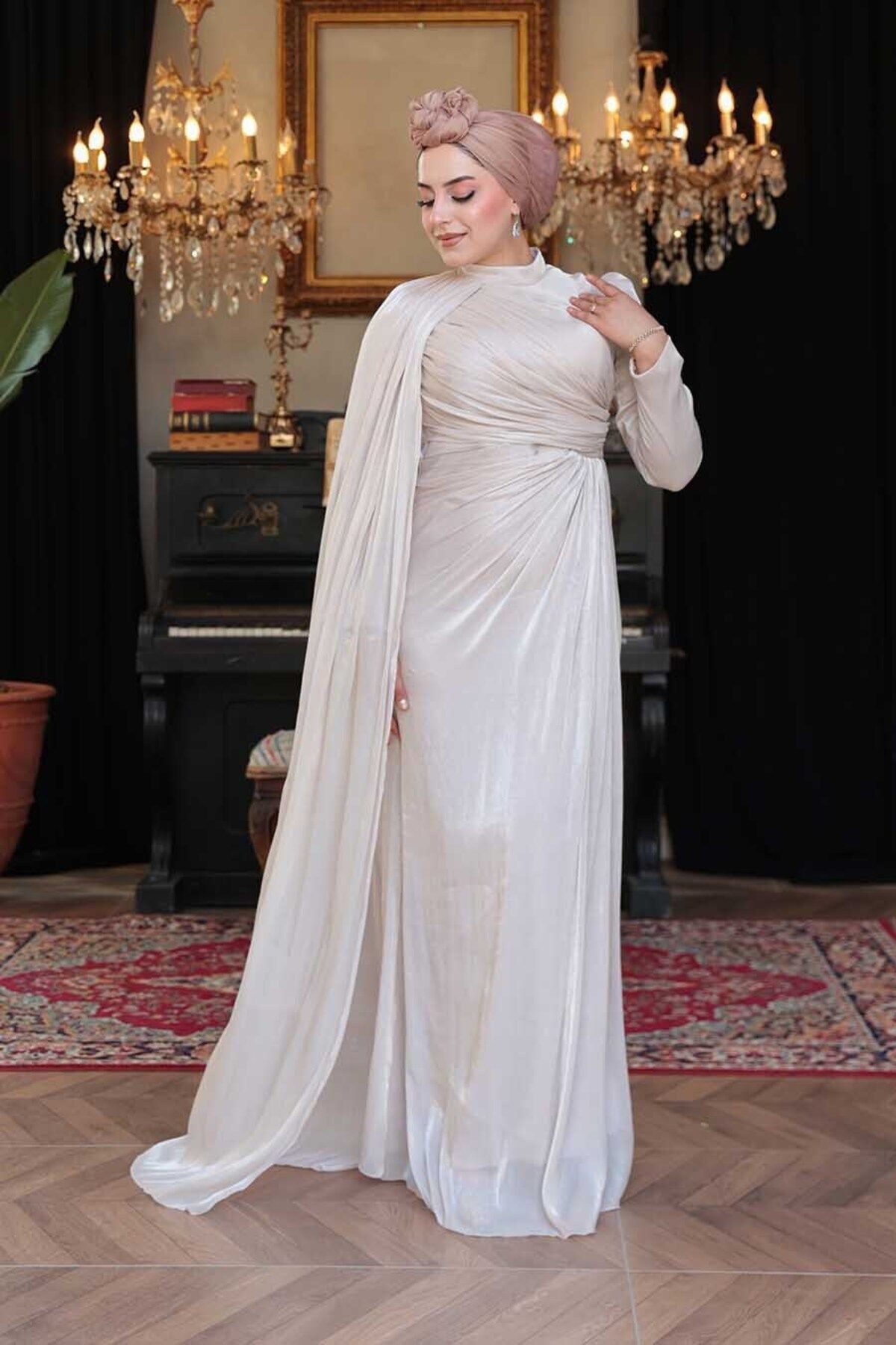 N.S NEVA STYLE - Pelerin Detaylı Krem Tesettür Abiye Elbise 5296KR